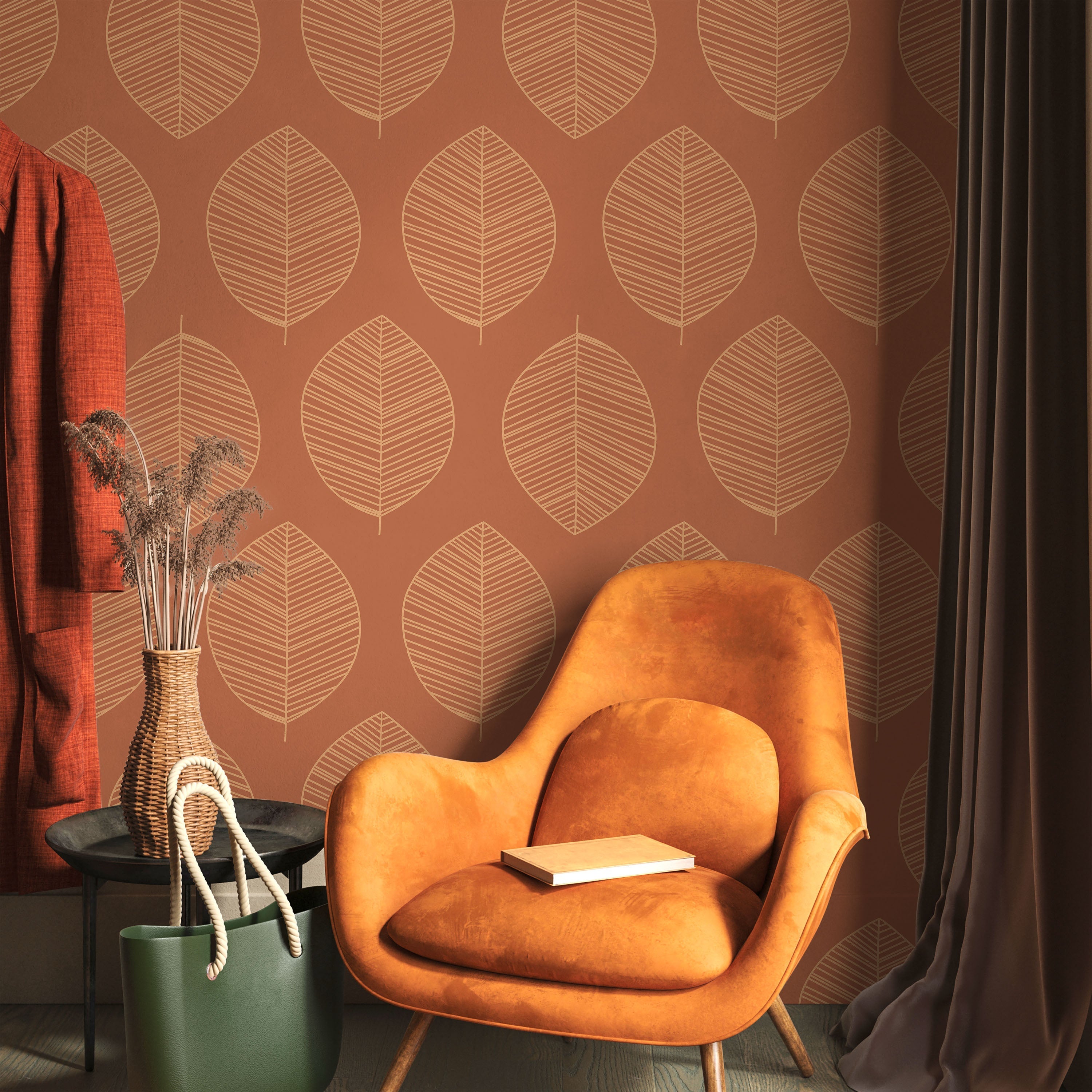 Leaf Texture Peel and Stick Wallpaper, Removable Wallpaper, Traditional Wallpaper - Red | DeccoPrint