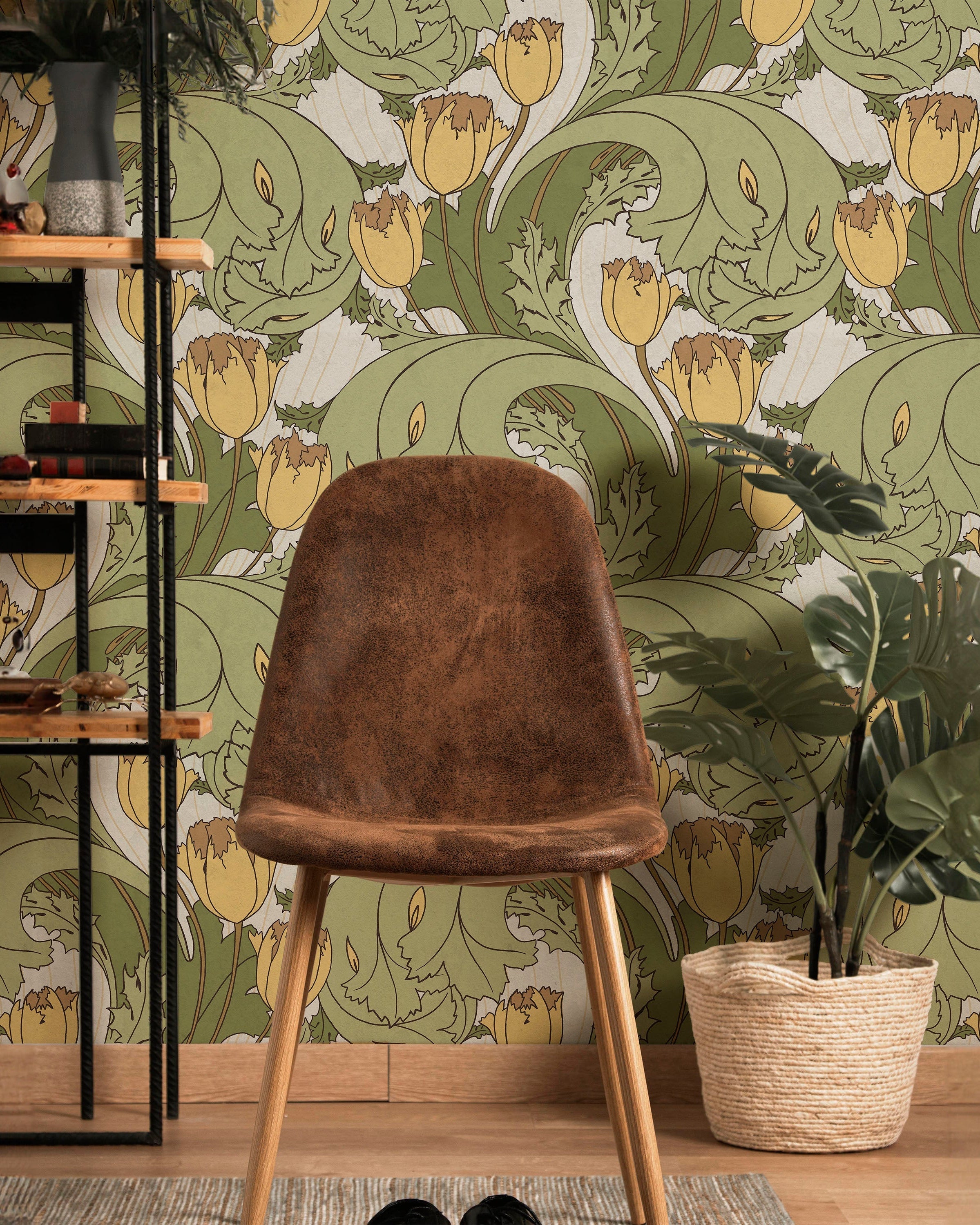 C.F.A. Voysey x Tulips Peel and Stick Wallpaper, Removable Wallpaper, Traditional Wallpaper - Vintage Yellow | DeccoPrint