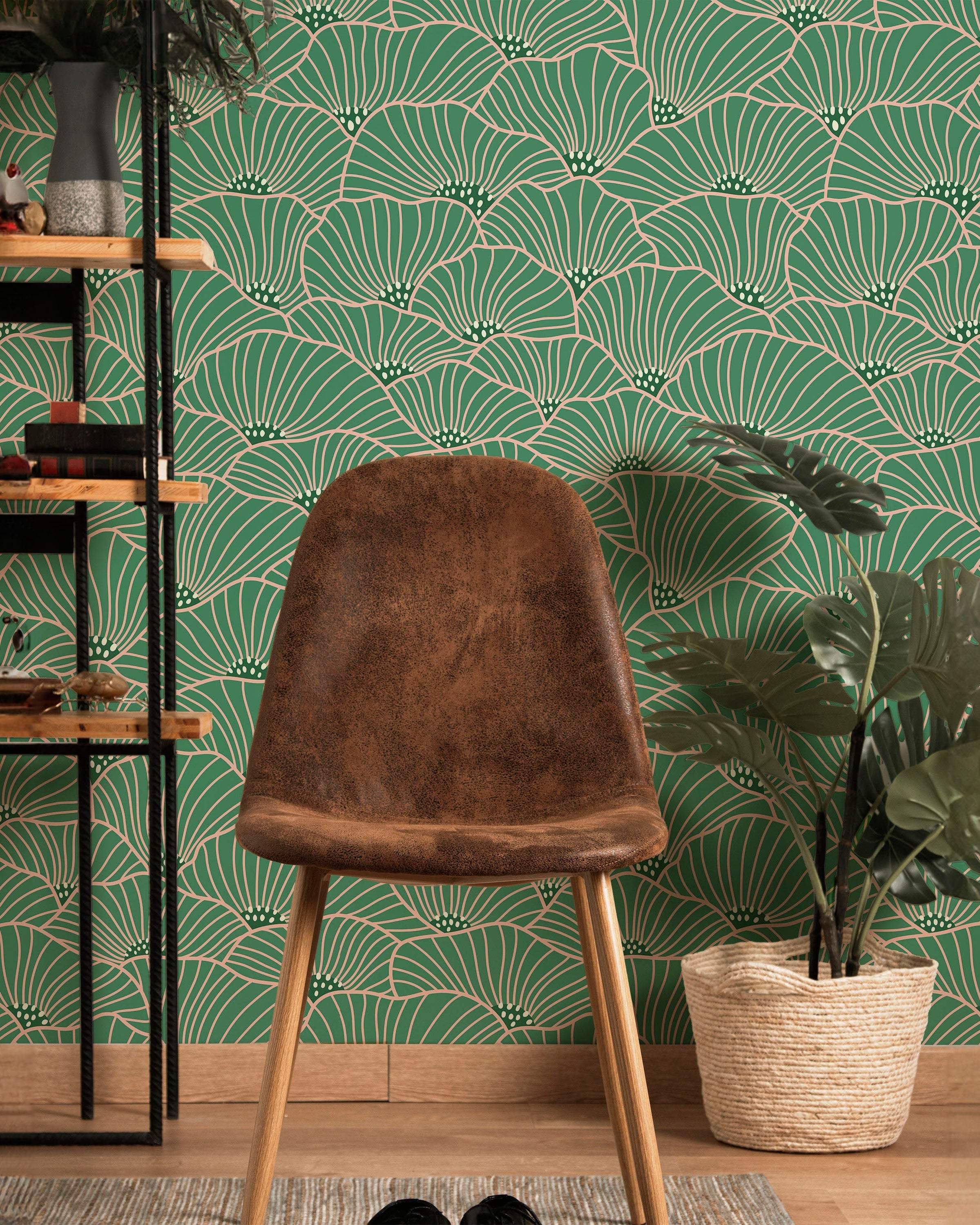 Modern Floral Peel and Stick Wallpaper, Removable Wallpaper, Traditional Wallpaper - Green | DeccoPrint