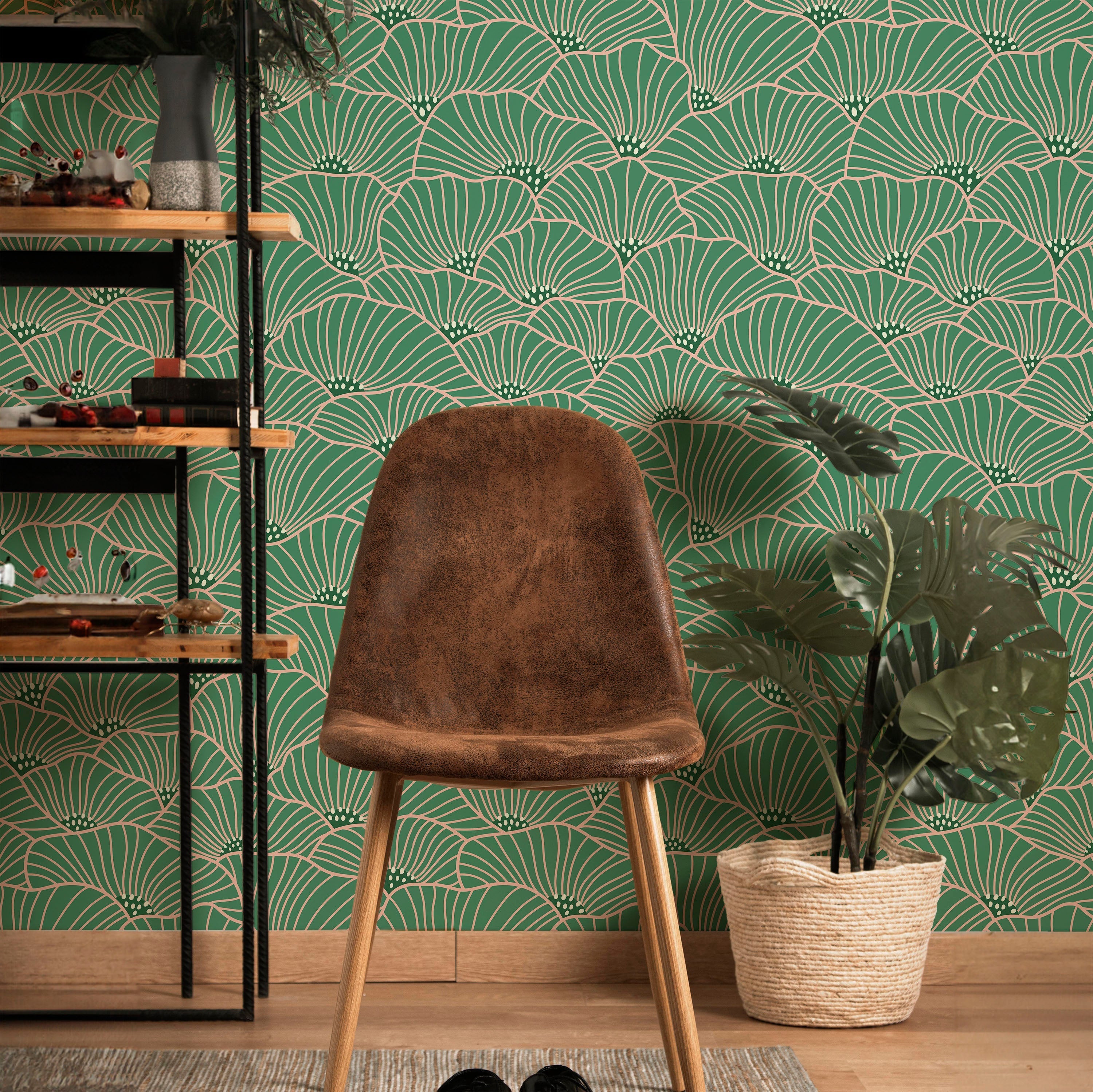 Modern Floral Peel and Stick Wallpaper, Removable Wallpaper, Traditional Wallpaper - Green | DeccoPrint