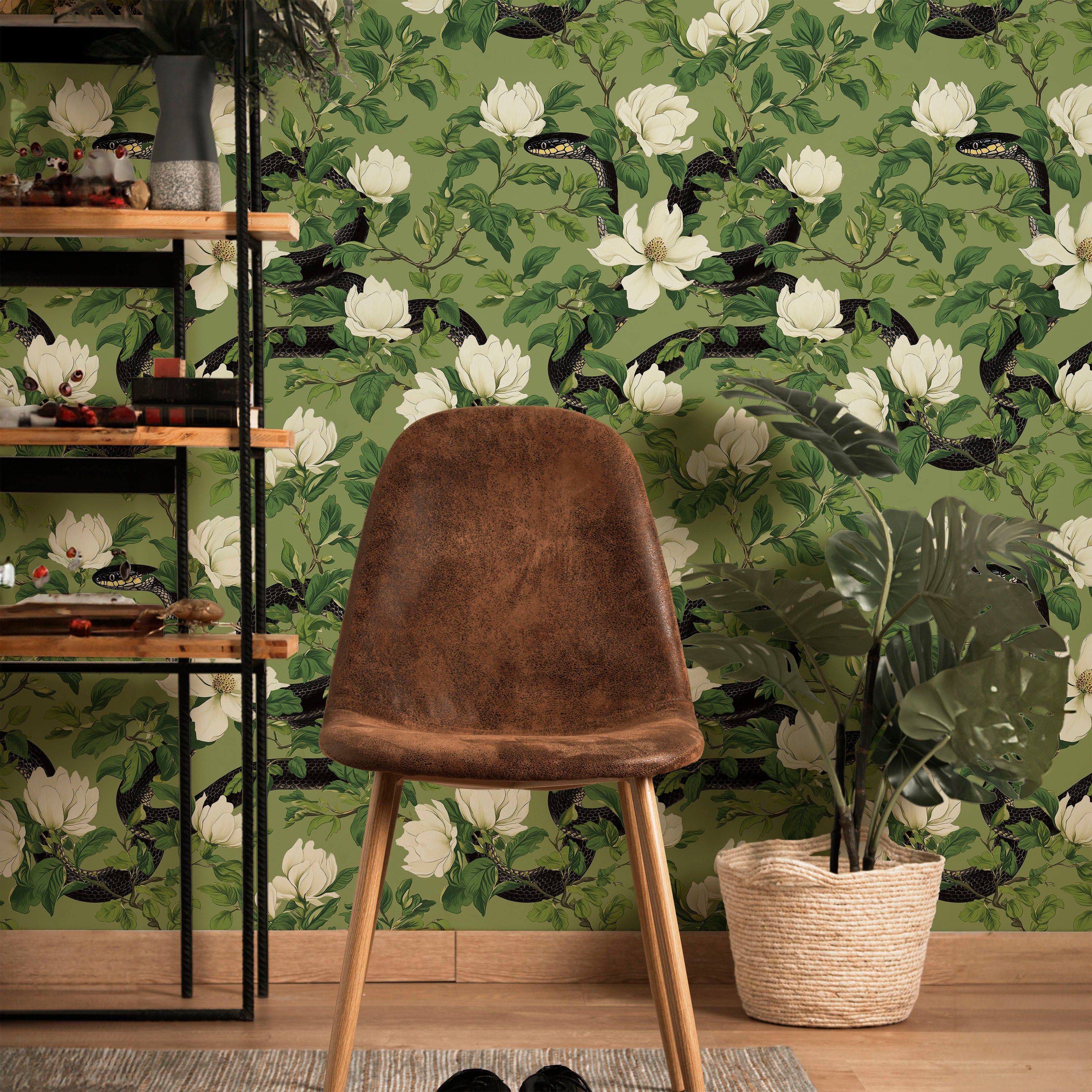 Snakes in Foliage Peel and Stick Wallpaper, Removable Wallpaper, Traditional Wallpaper - Sage Green | DeccoPrint