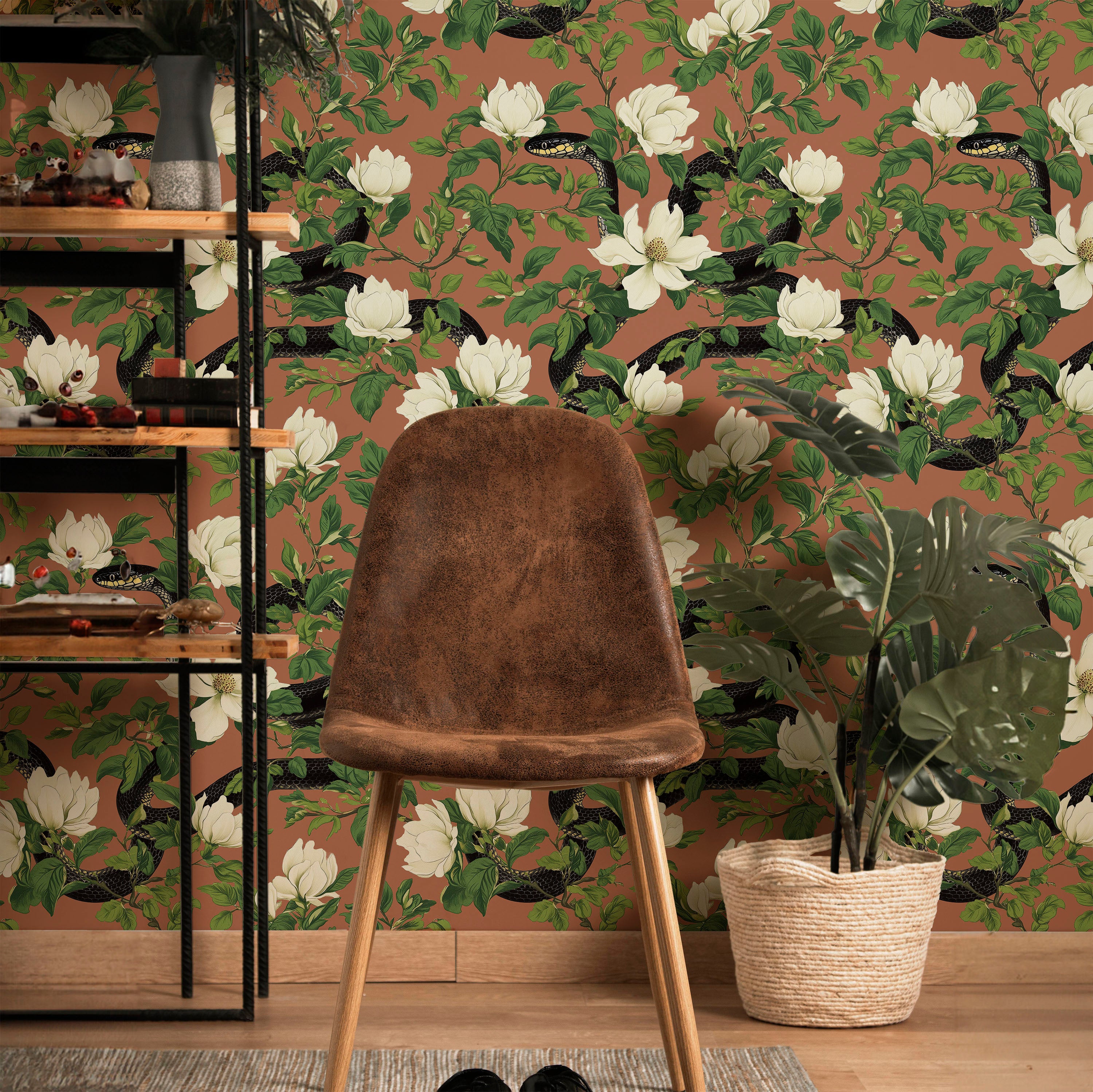 Snakes in Foliage Peel and Stick Wallpaper, Removable Wallpaper, Traditional Wallpaper - Vintage Brown | DeccoPrint