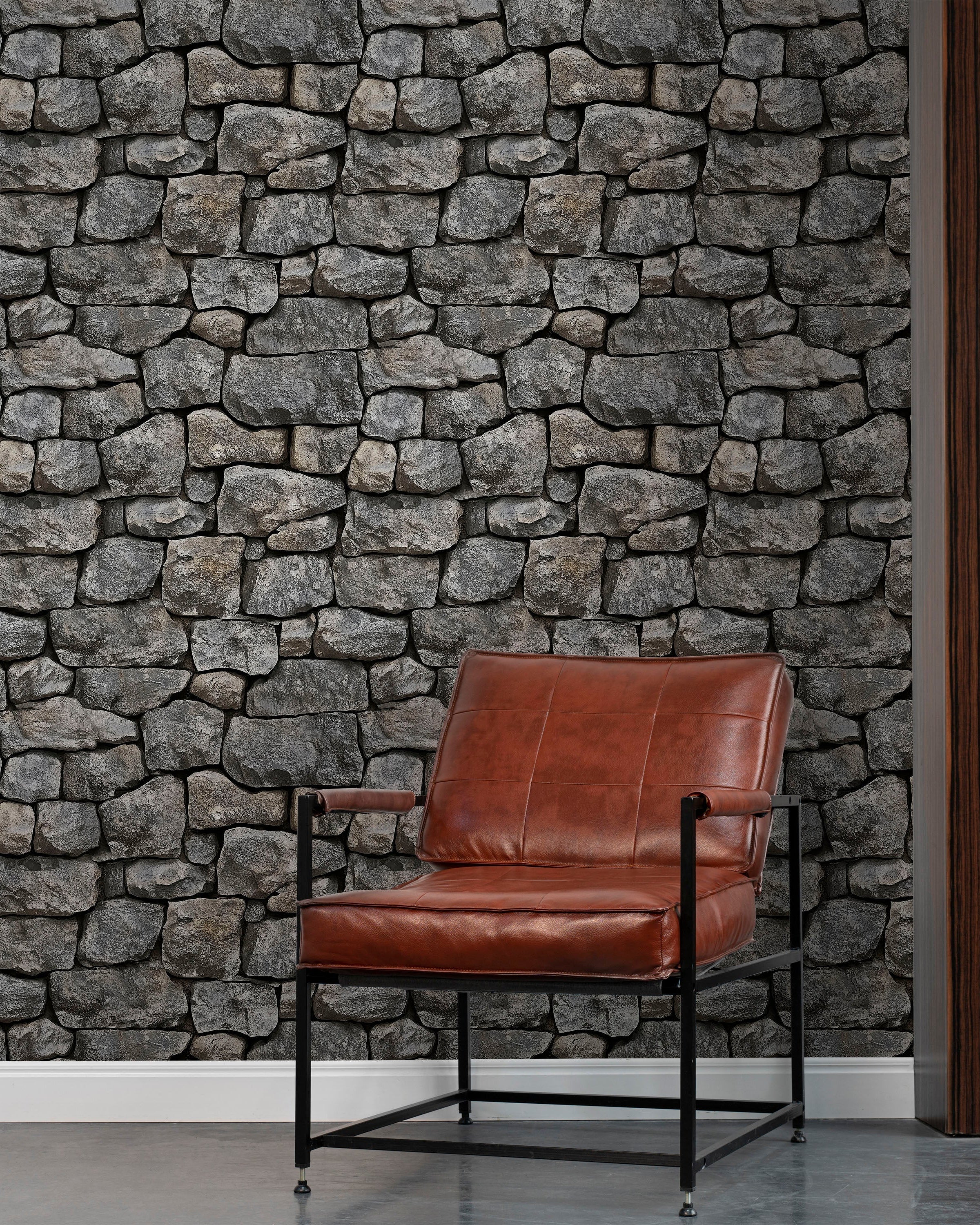 Urban Masonry Peel and Stick Wallpaper, Removable Wallpaper, Traditional Wallpaper - Charcoal Stones | DeccoPrint