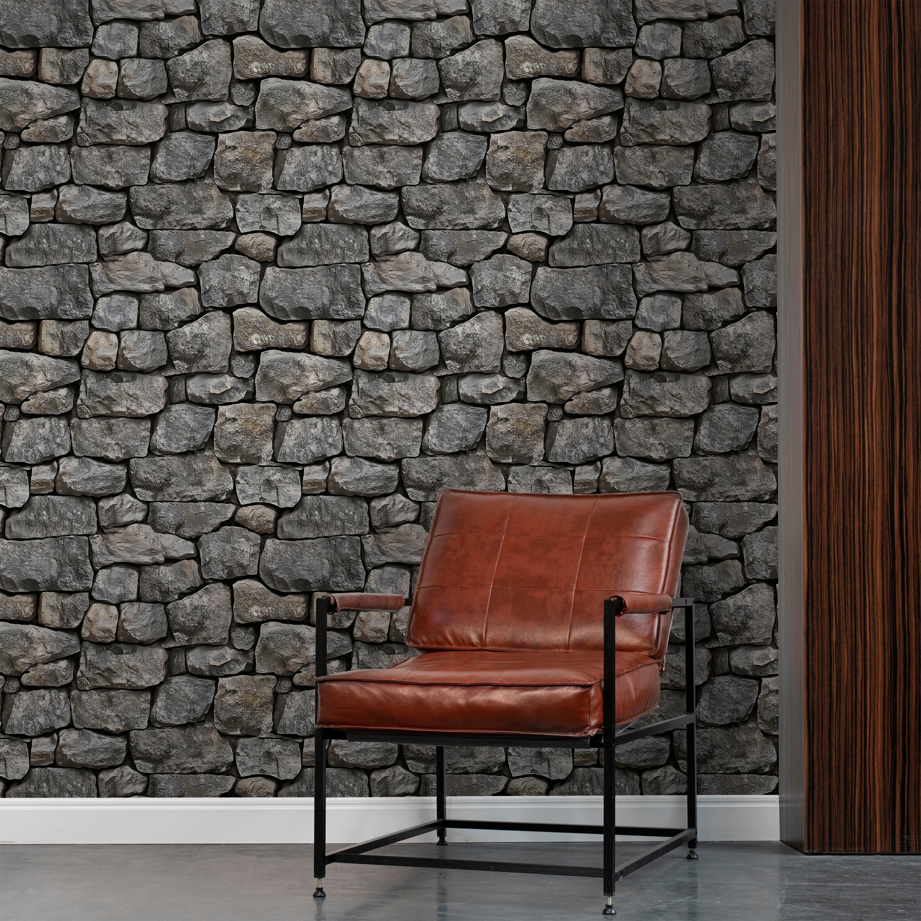 Urban Masonry Peel and Stick Wallpaper, Removable Wallpaper, Traditional Wallpaper - Charcoal Stones | DeccoPrint