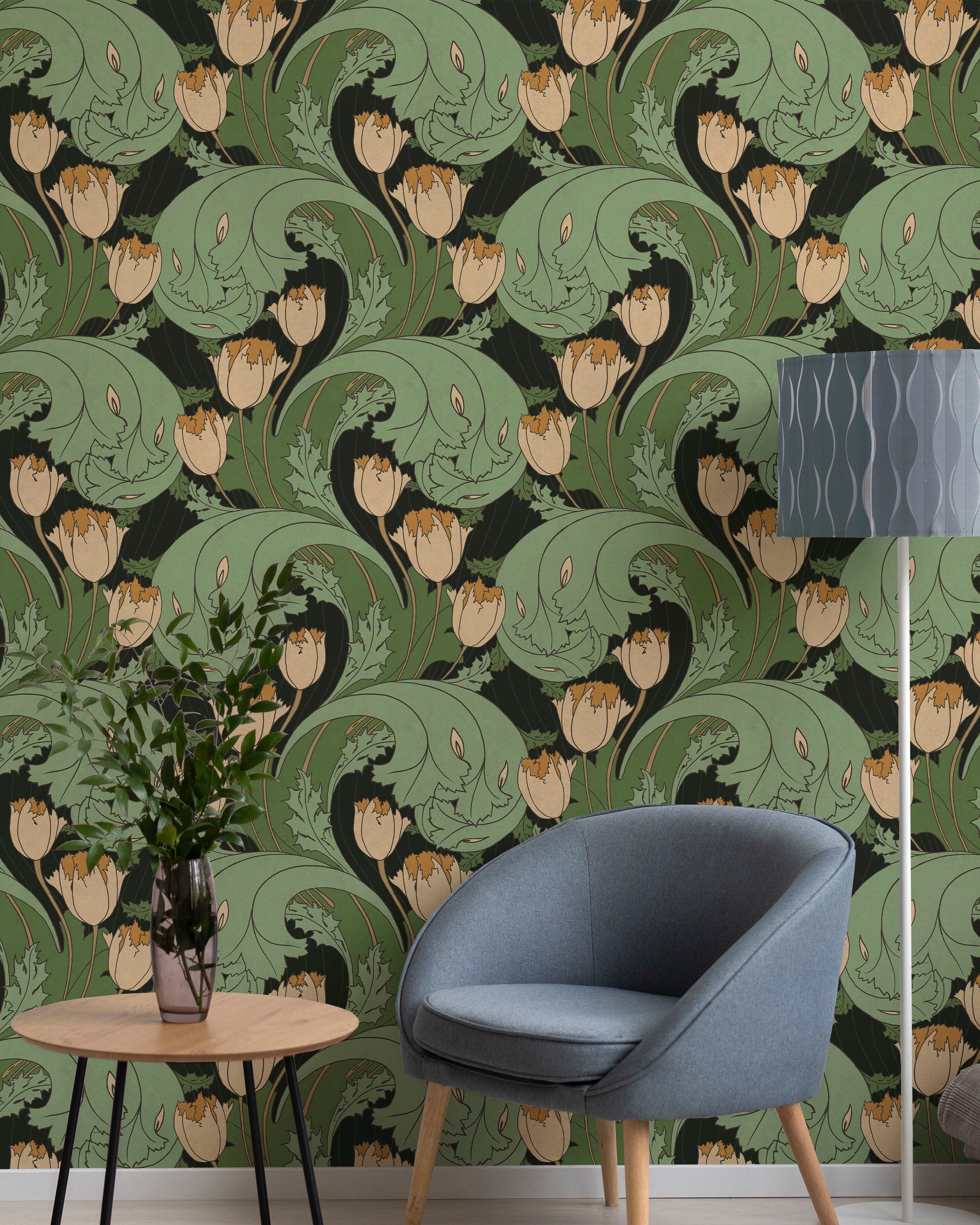 C.F.A. Voysey x Tulips Peel and Stick Wallpaper, Removable Wallpaper, Traditional Wallpaper - Forest Green | DeccoPrint