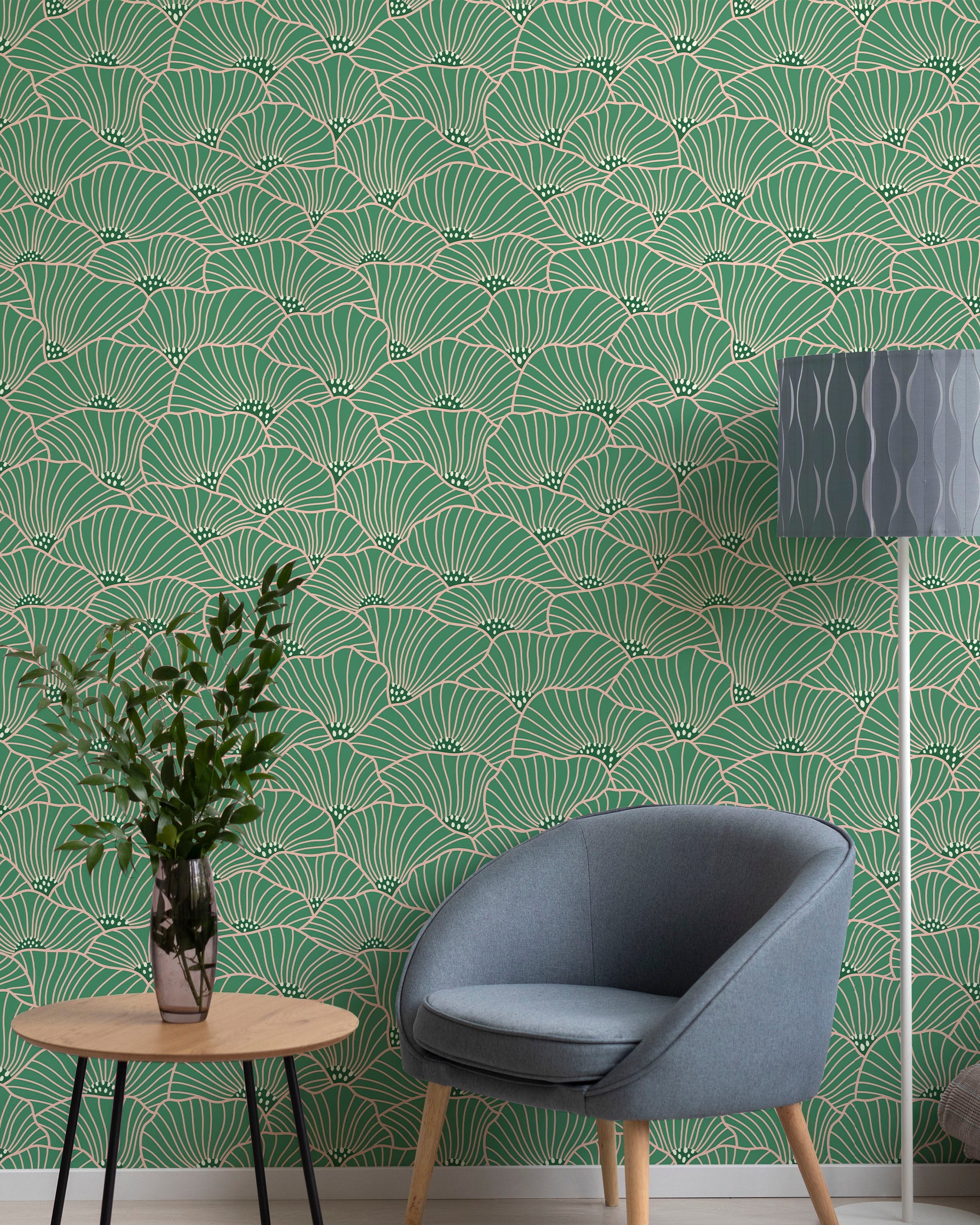 Modern Floral Peel and Stick Wallpaper, Removable Wallpaper, Traditional Wallpaper - Green | DeccoPrint