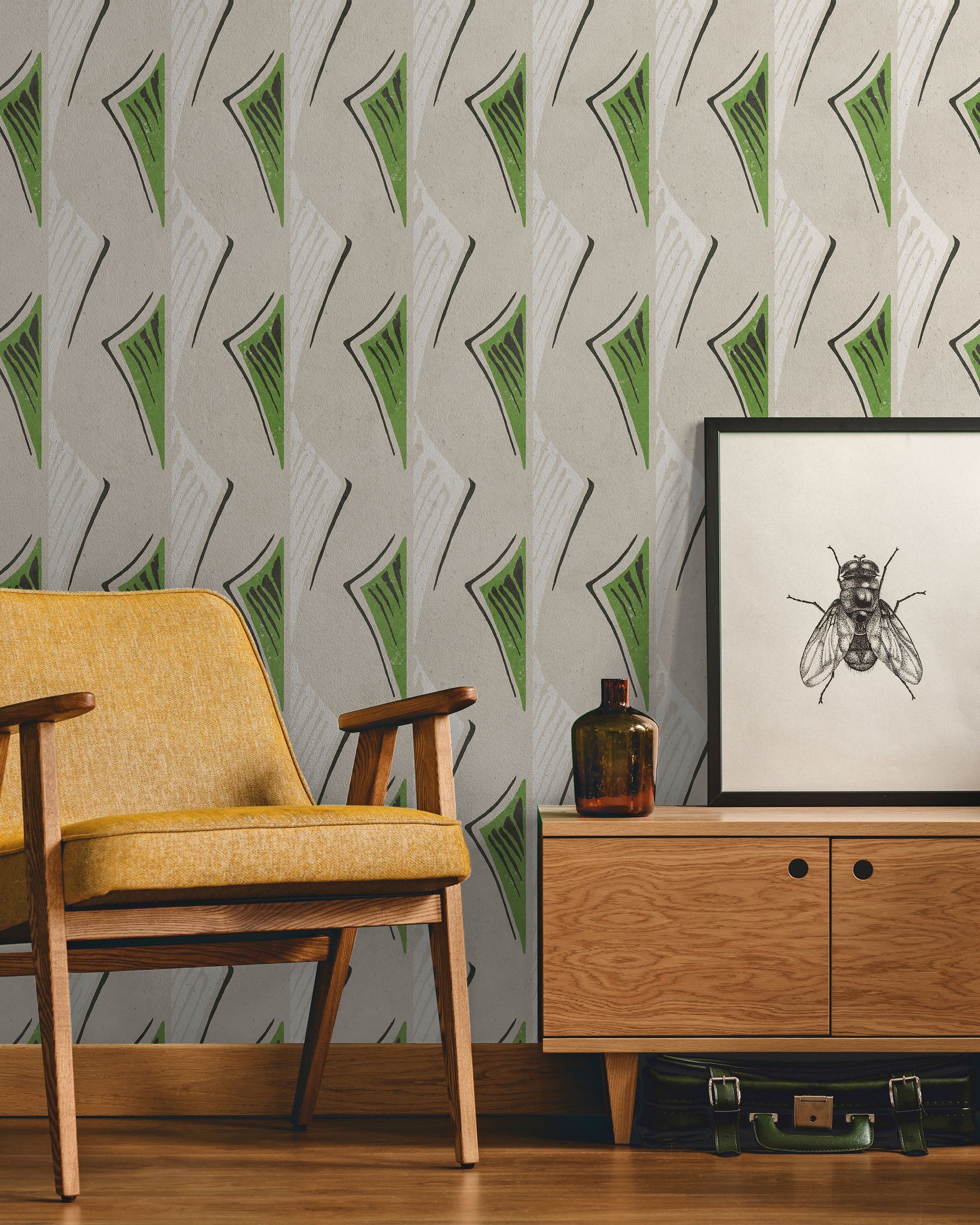 Furuya Korin x Dancing Fans Peel and Stick Wallpaper, Removable Wallpaper, Traditional Wallpaper - Dusty Green | DeccoPrint