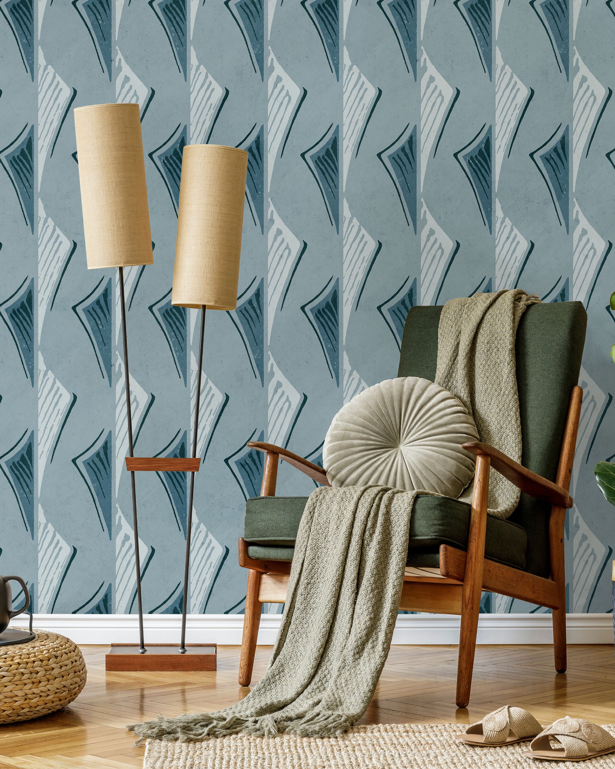 Furuya Korin x Dancing Fans Peel and Stick Wallpaper, Removable Wallpaper, Traditional Wallpaper - Soft Blue | DeccoPrint
