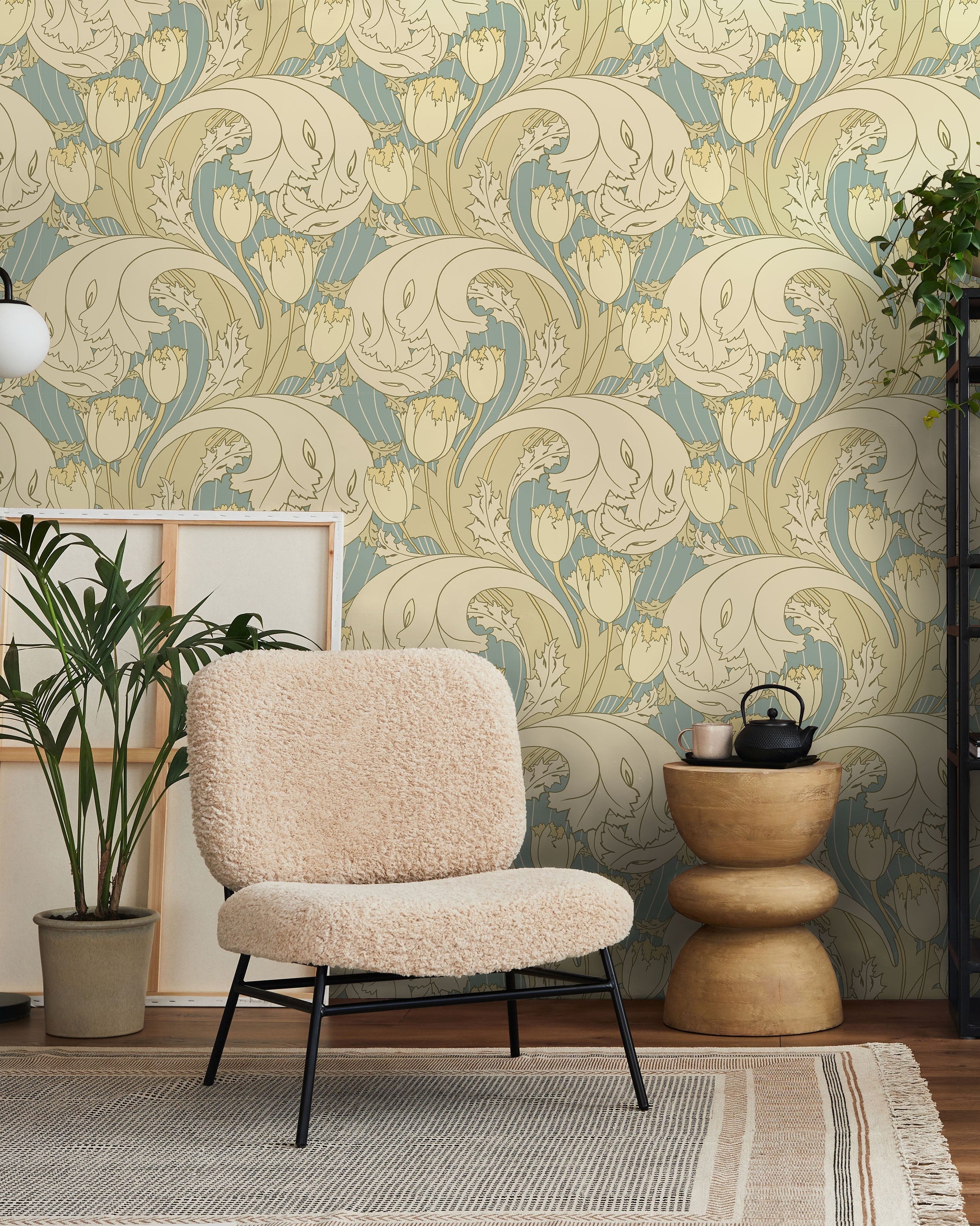 C.F.A. Voysey x Tulips Peel and Stick Wallpaper, Removable Wallpaper, Traditional Wallpaper - Faded Blue | DeccoPrint