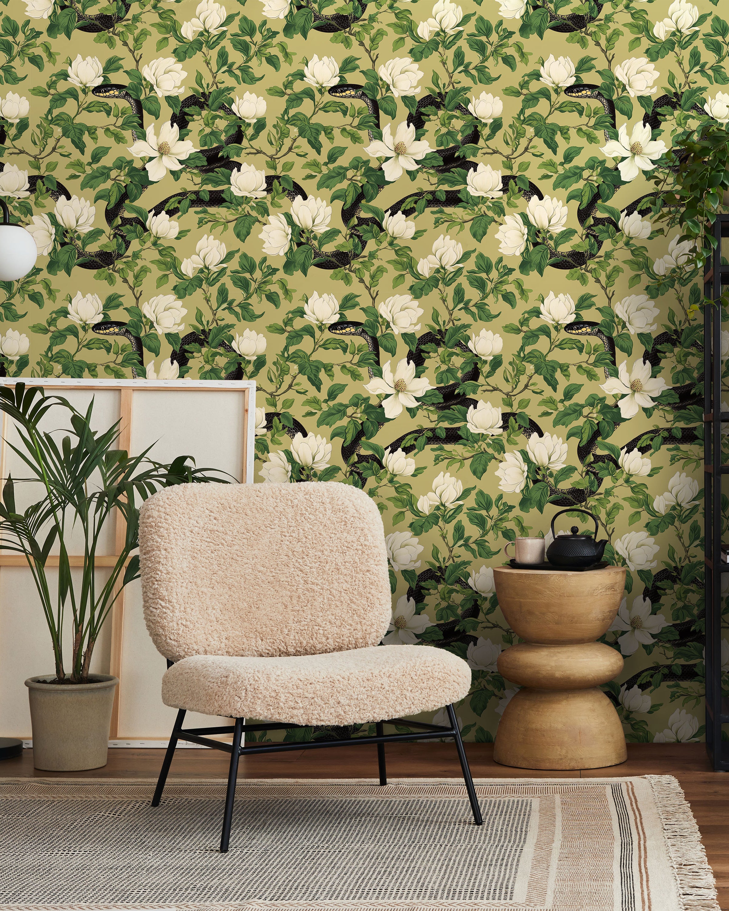 Snakes in Foliage Peel and Stick Wallpaper, Removable Wallpaper, Traditional Wallpaper - Olive Green | DeccoPrint