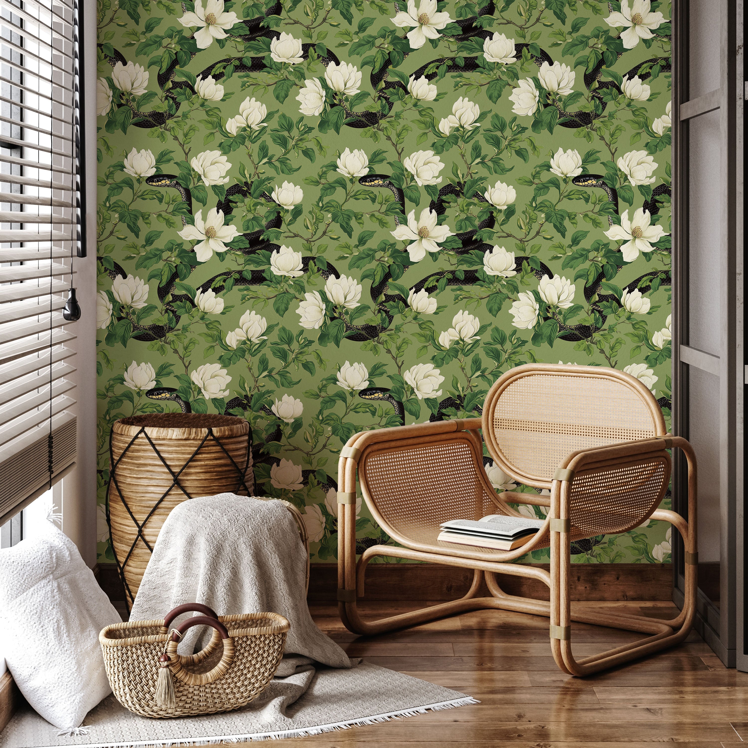 Snakes in Foliage Peel and Stick Wallpaper, Removable Wallpaper, Traditional Wallpaper - Sage Green | DeccoPrint