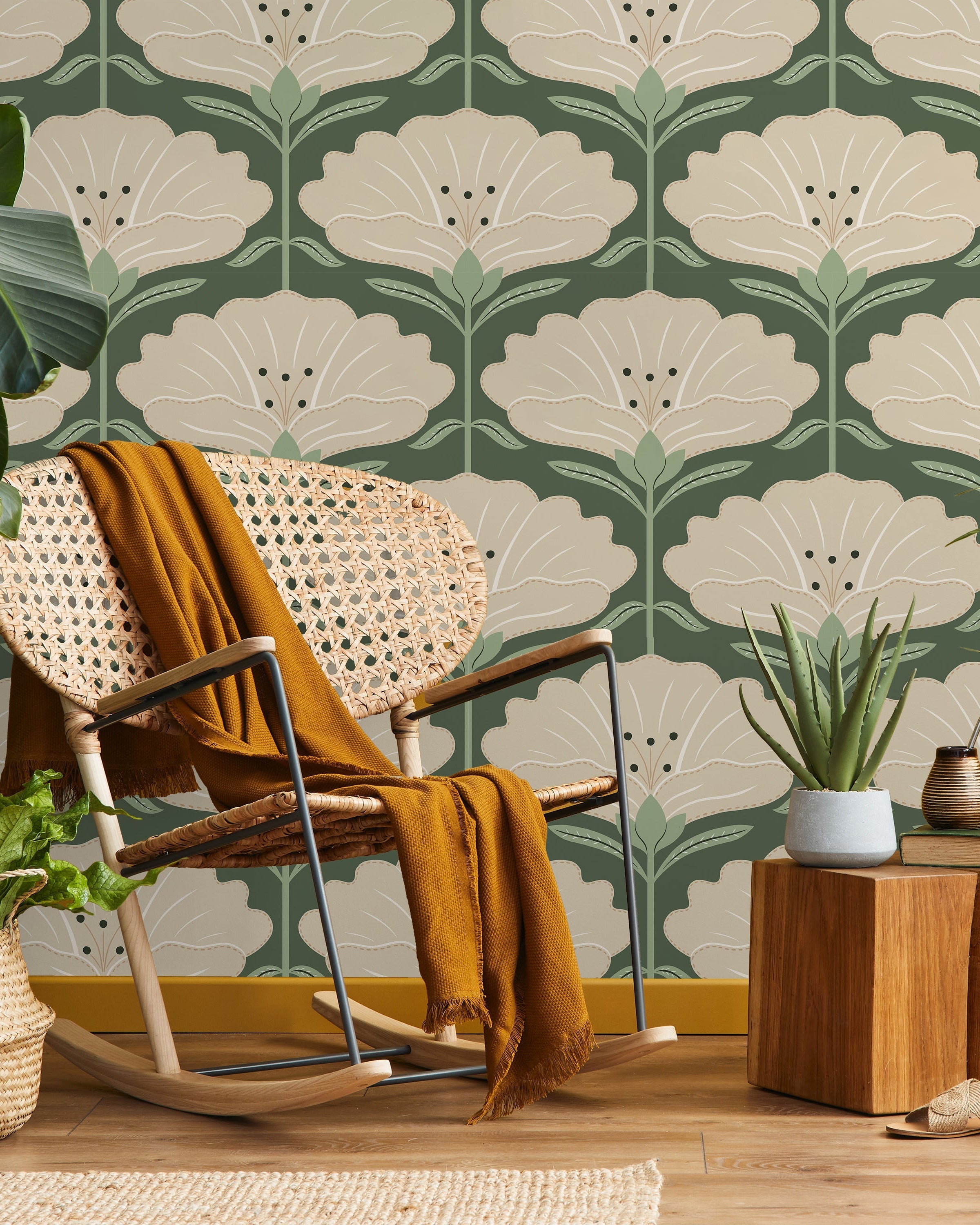 Dreamy Daisies Peel and Stick Wallpaper, Removable Wallpaper, Traditional Wallpaper - Green | DeccoPrint