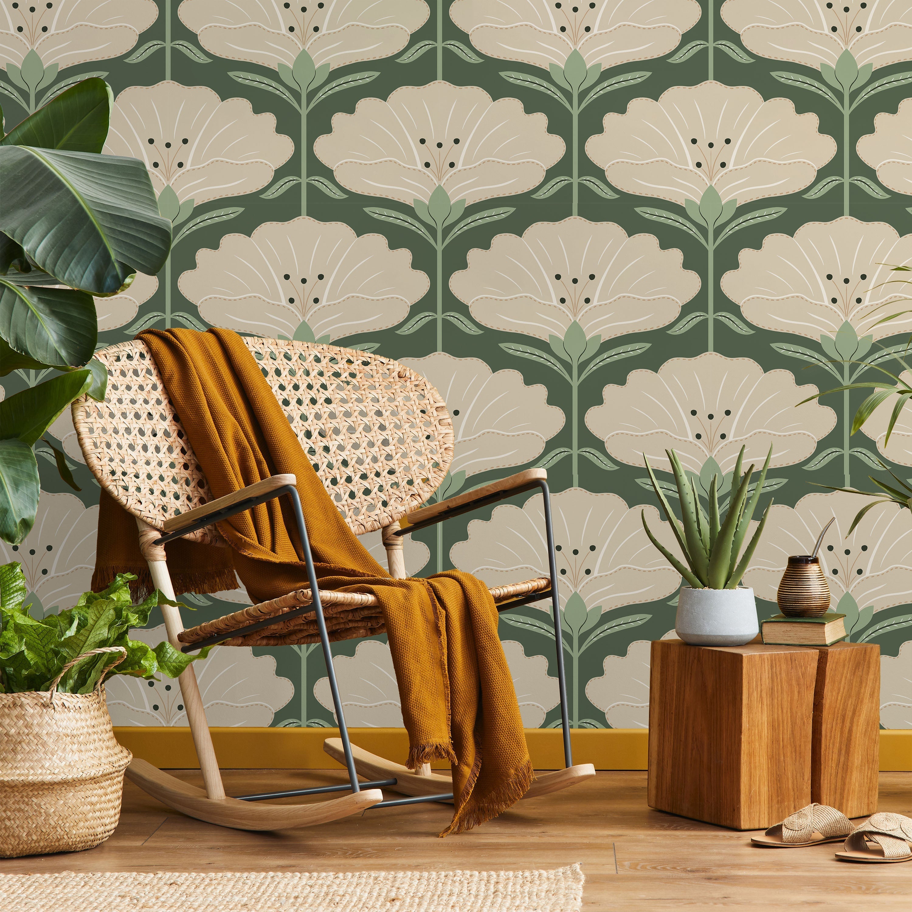 Dreamy Daisies Peel and Stick Wallpaper, Removable Wallpaper, Traditional Wallpaper - Green | DeccoPrint