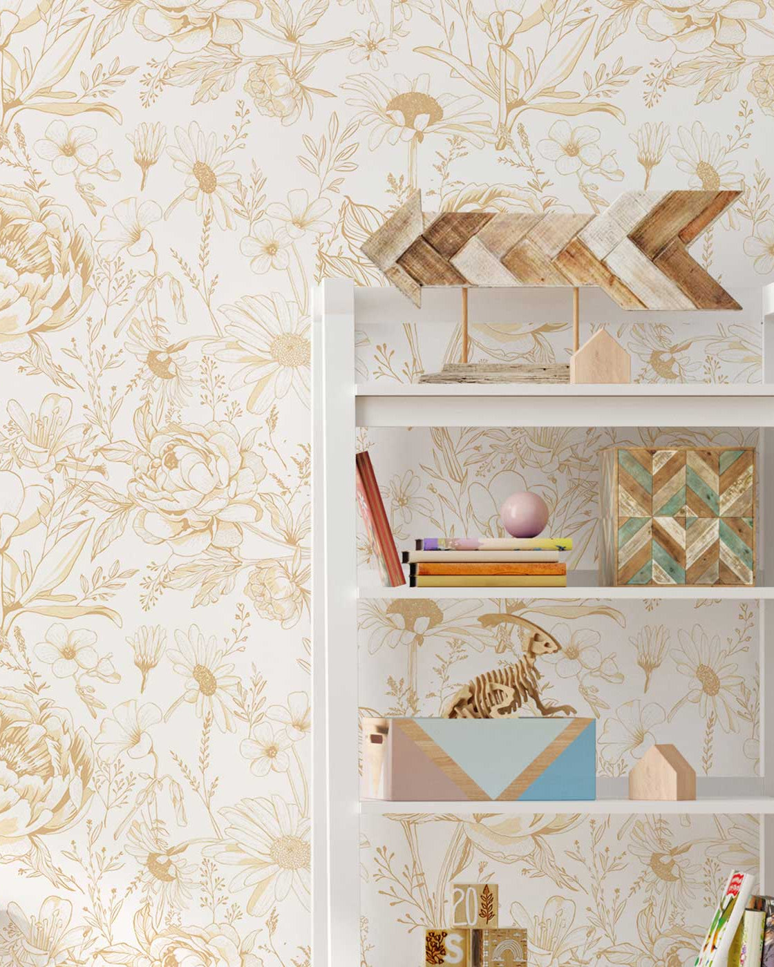 The Gold Garden Peel and Stick Wallpaper, Removable Wallpaper, Traditional Wallpaper | DeccoPrint