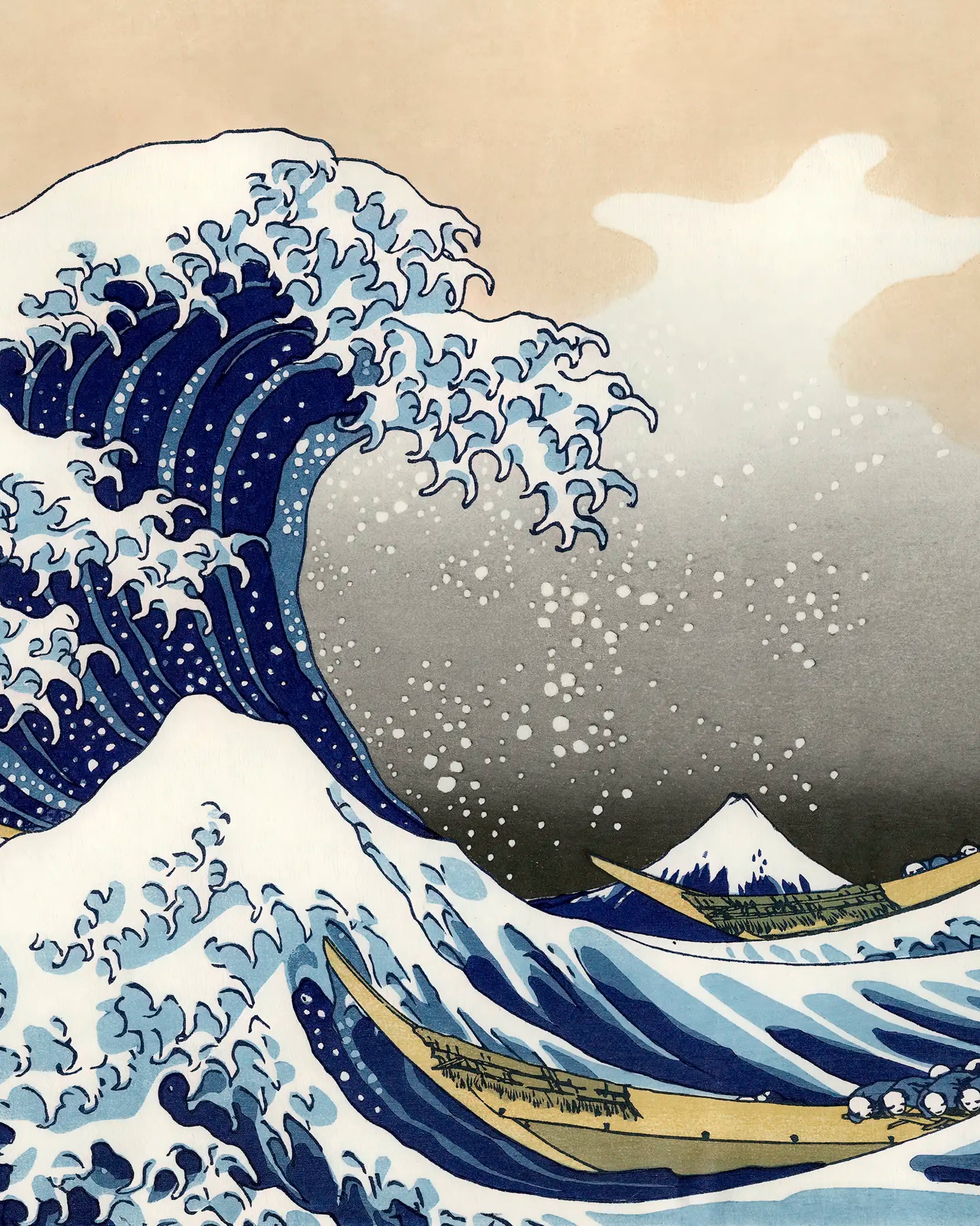 Famous artwork of a large wave with Mount Fuji in the background