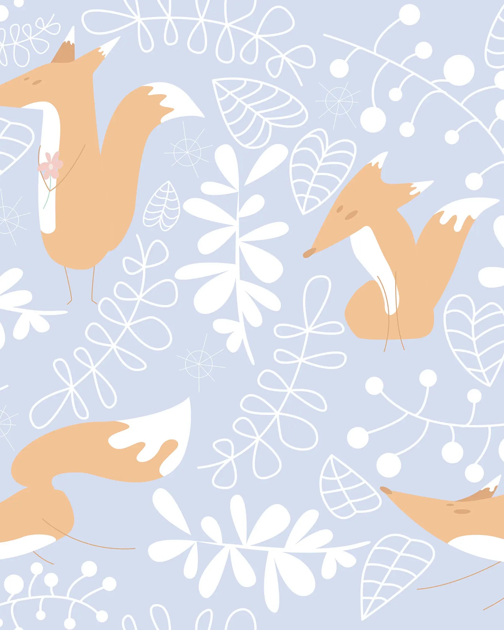 Pattern of foxes and white leaves on a light blue background