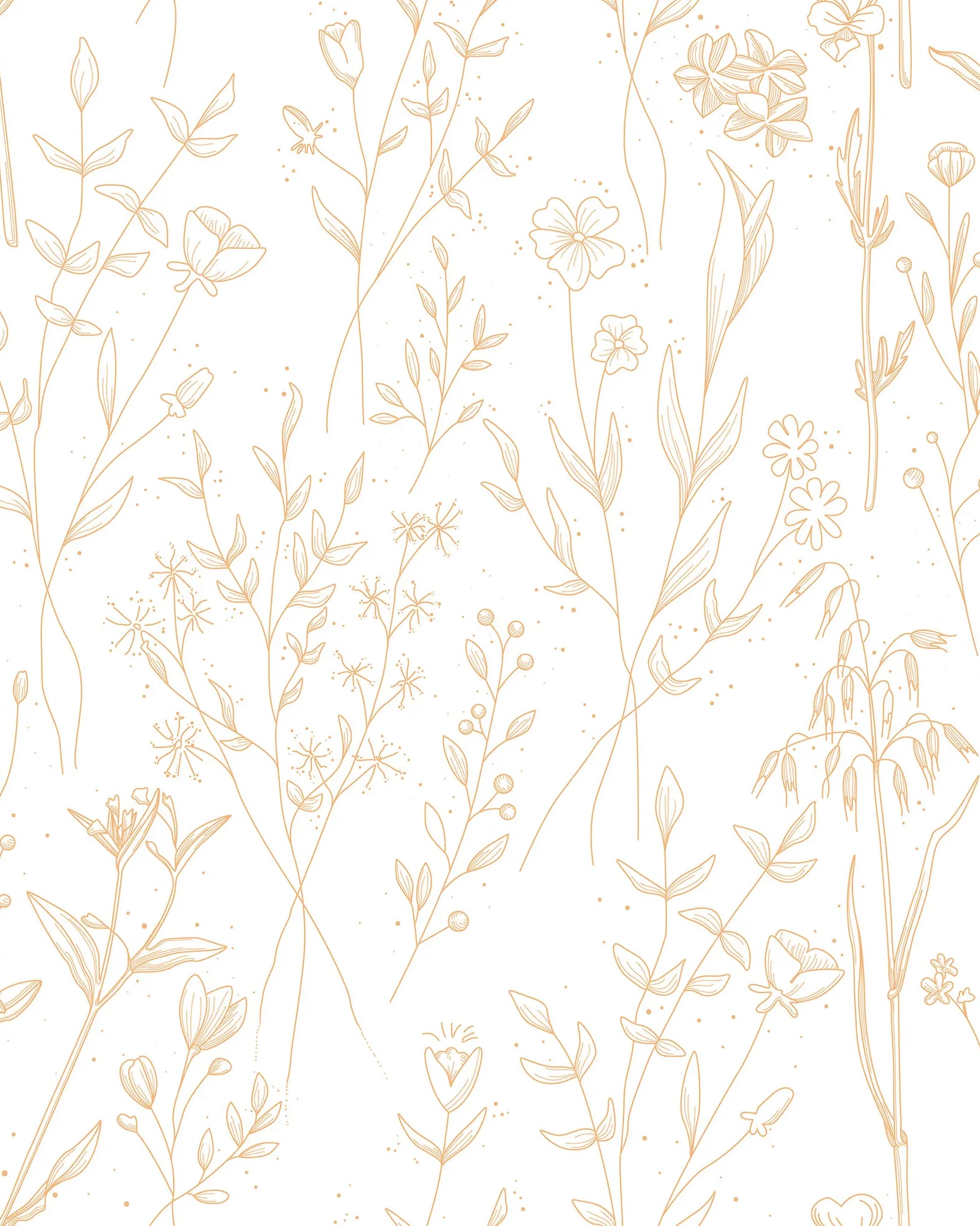 Pattern of thin, gold floral lines on a white background
