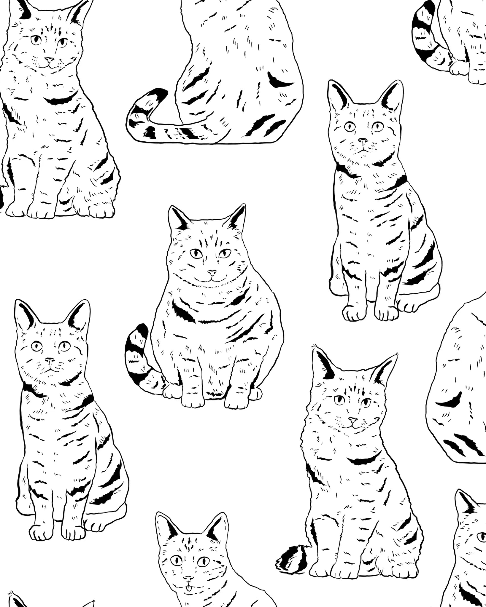 Pattern of black and white cat illustrations on a white background