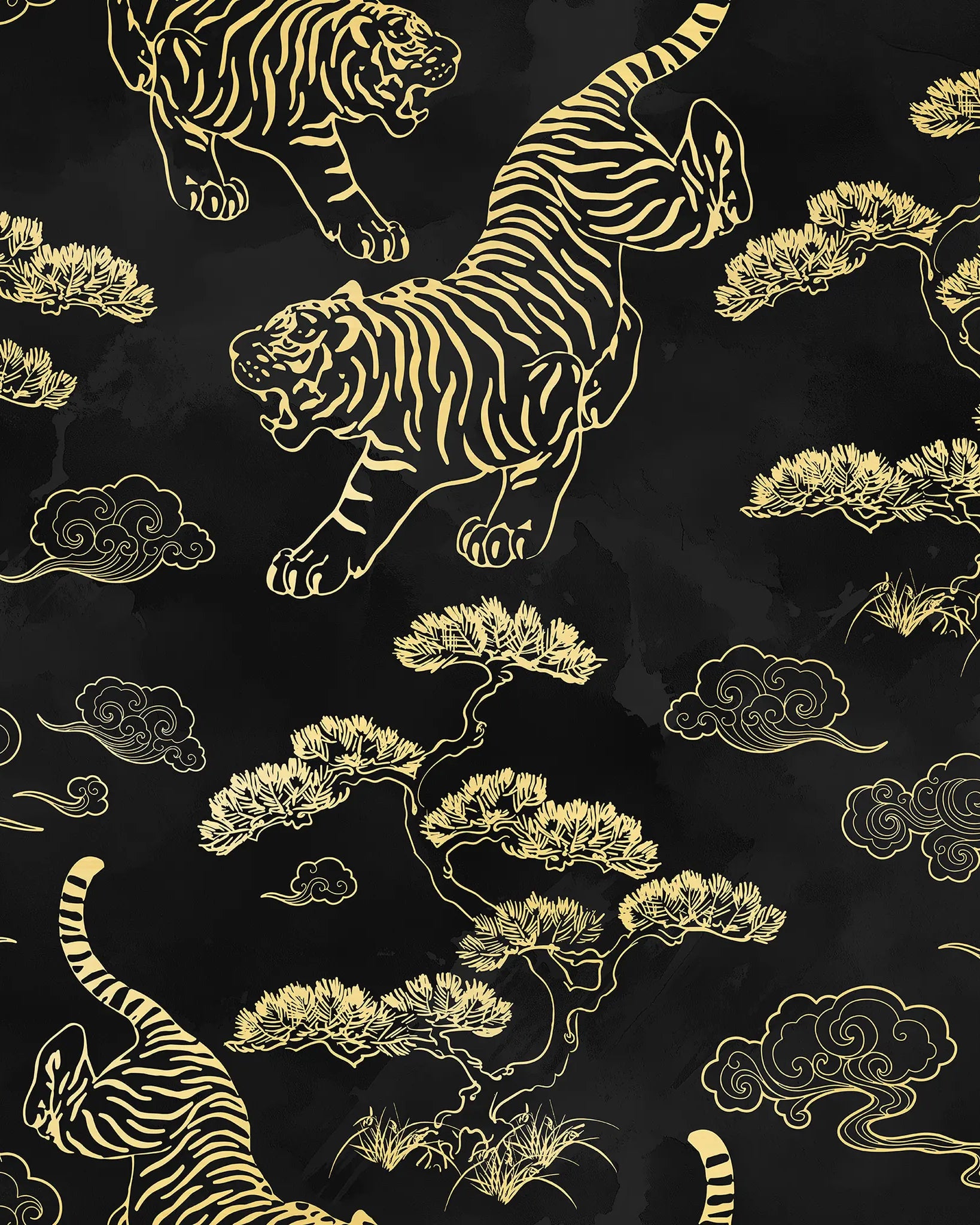 Gold tiger and trees pattern on a black background