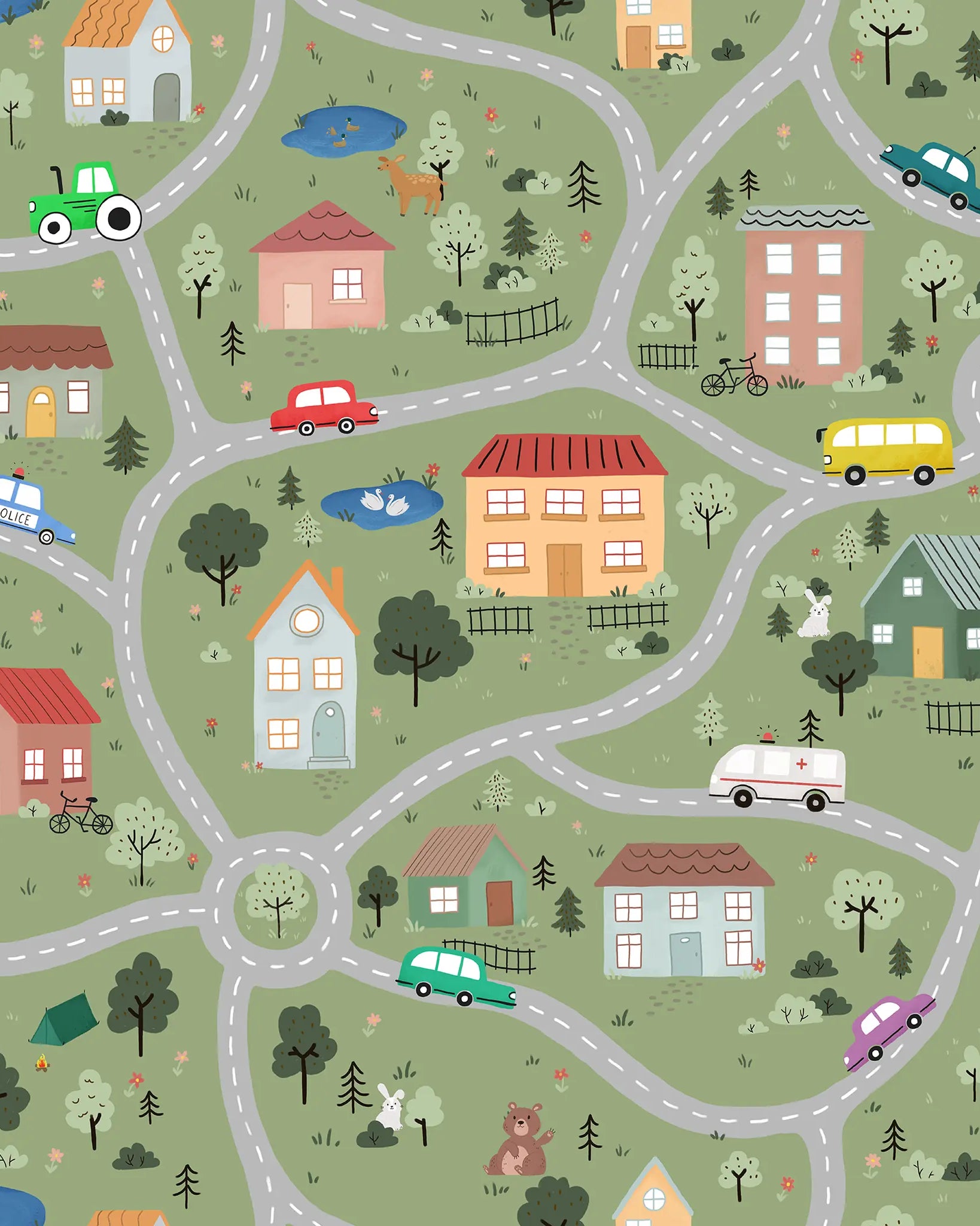 Children's play mat with roads, houses, vehicles, and animals on a green background