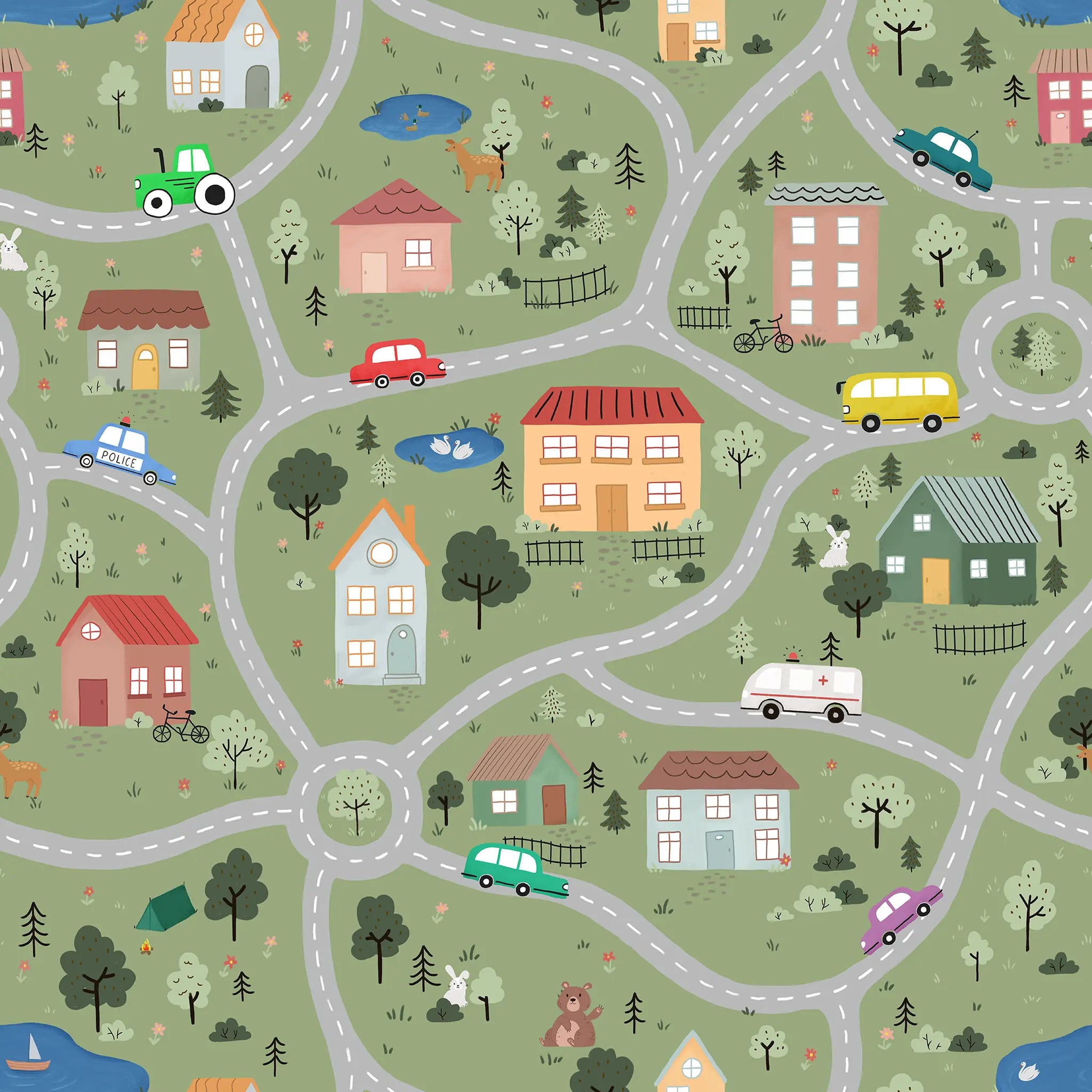 Children's play mat with roads, houses, vehicles, and animals on a green background