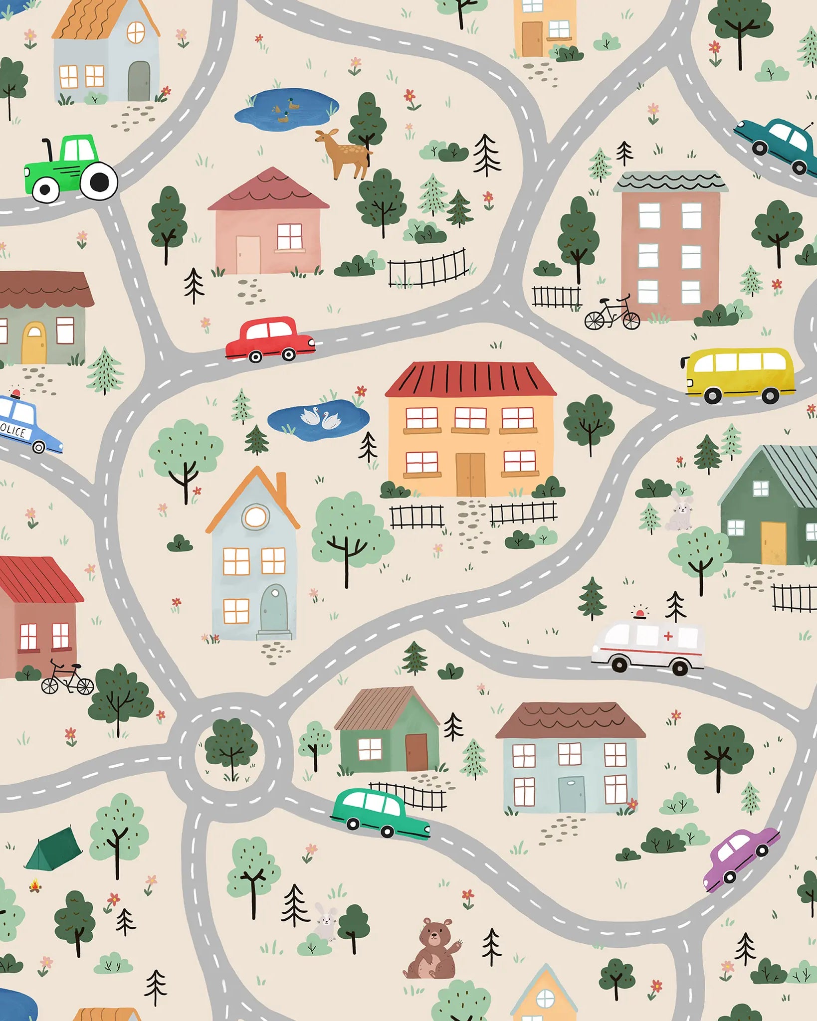 Children's play mat with roads, houses, cars, and trees on a beige background