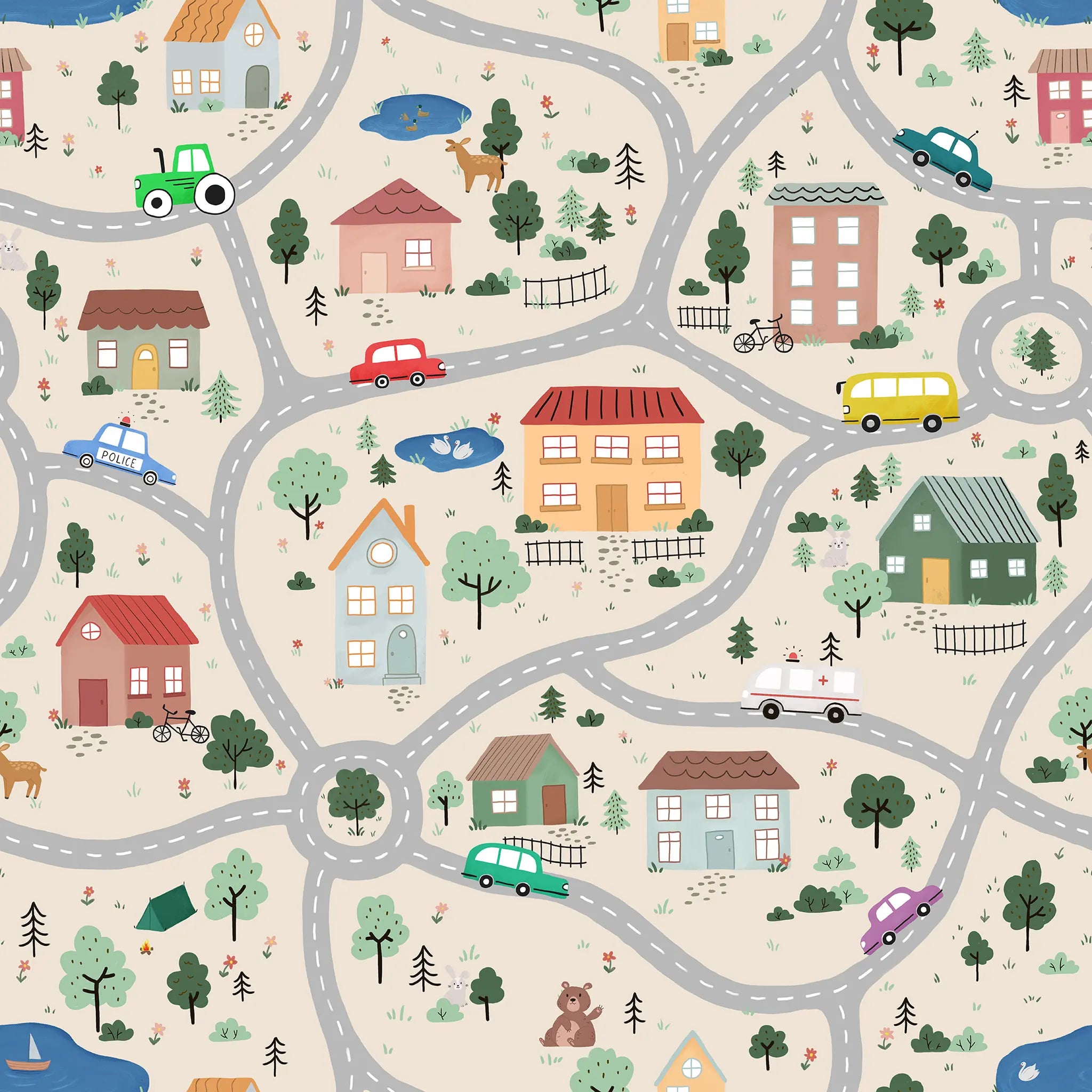 Children's play mat with roads, houses, cars, and trees on a beige background