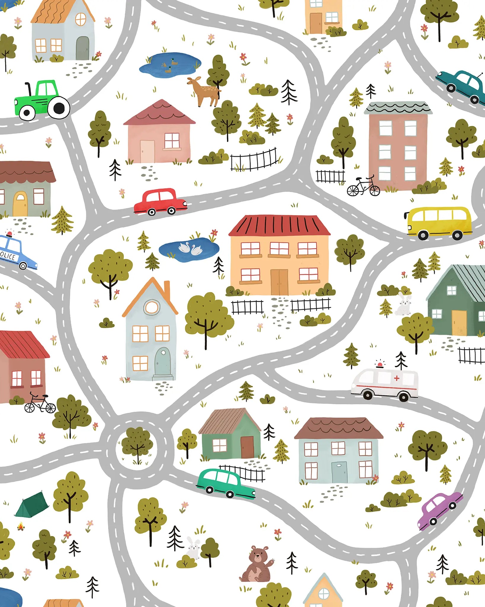 Illustrated children's map with houses, roads, cars, and trees on a white background