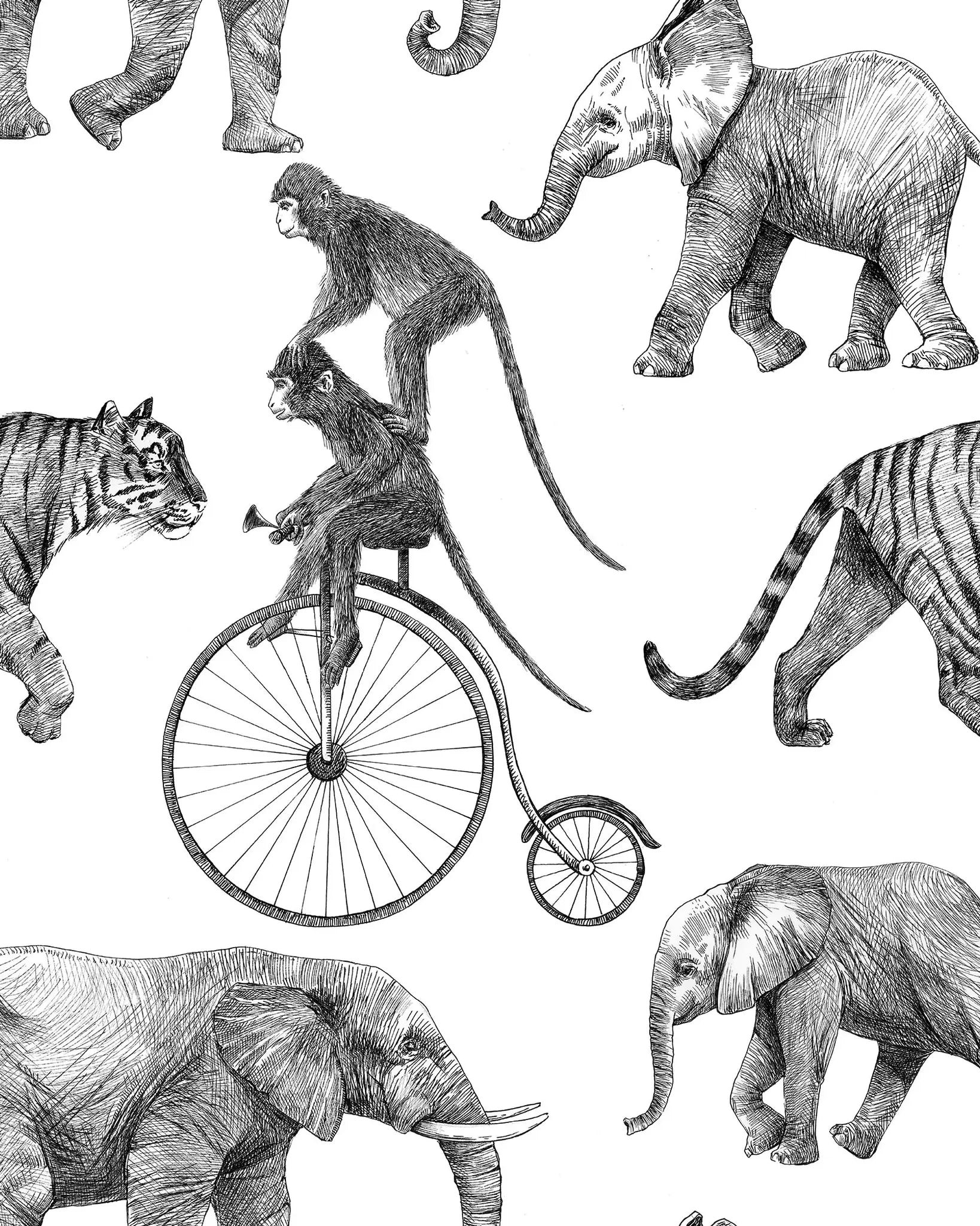 Pattern of black and white animals including elephants, tigers, and a monkey on a bicycle.