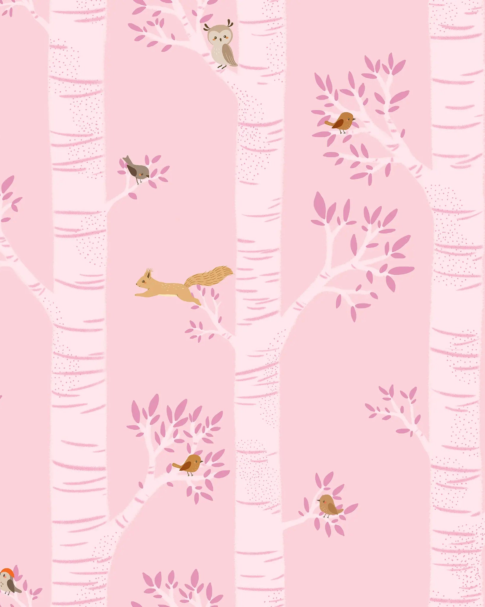 Pattern of trees, birds, and squirrels on a pink background