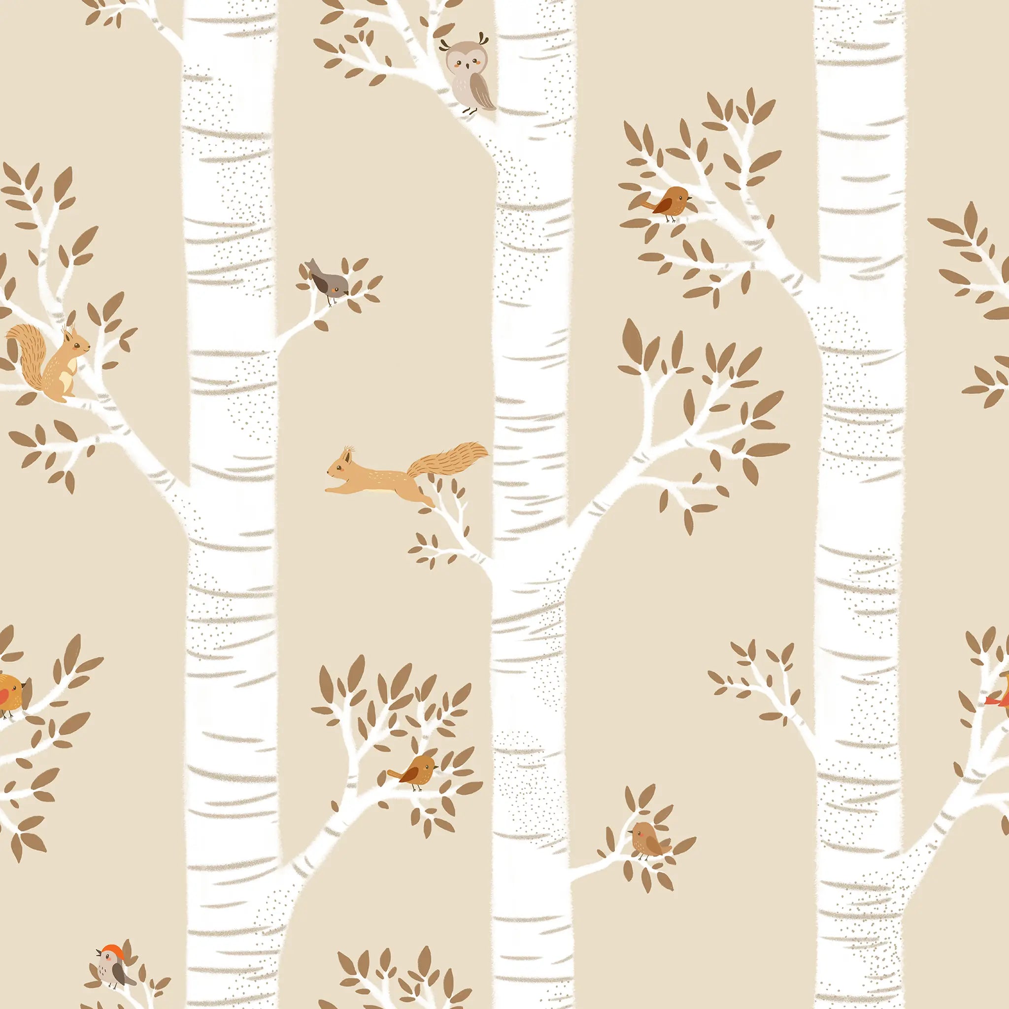 Pattern of trees and animals on a beige background