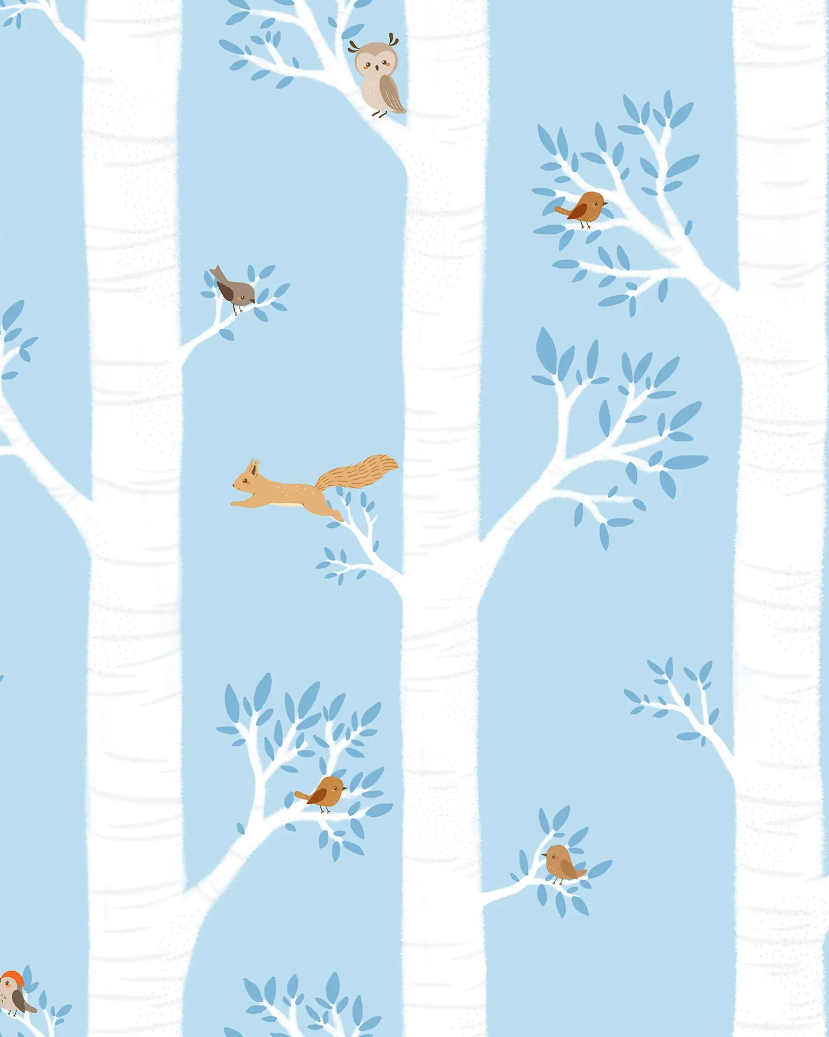 Pattern of trees and animals on a light blue background