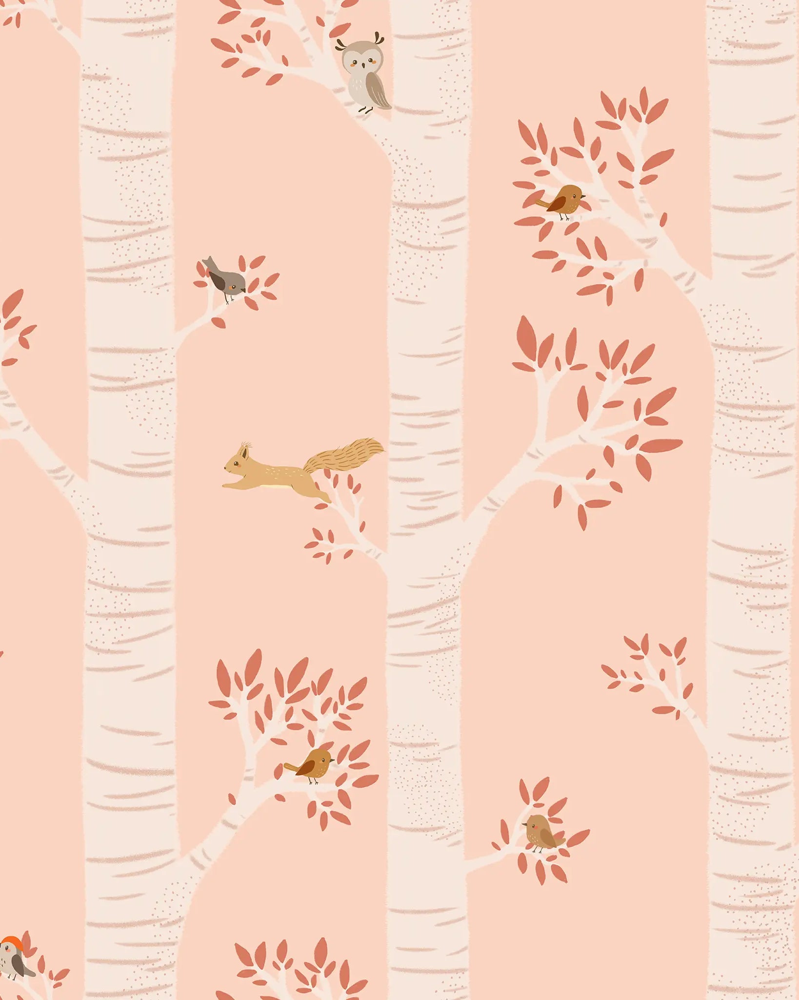 Pattern of trees, birds, and squirrels on a pink background