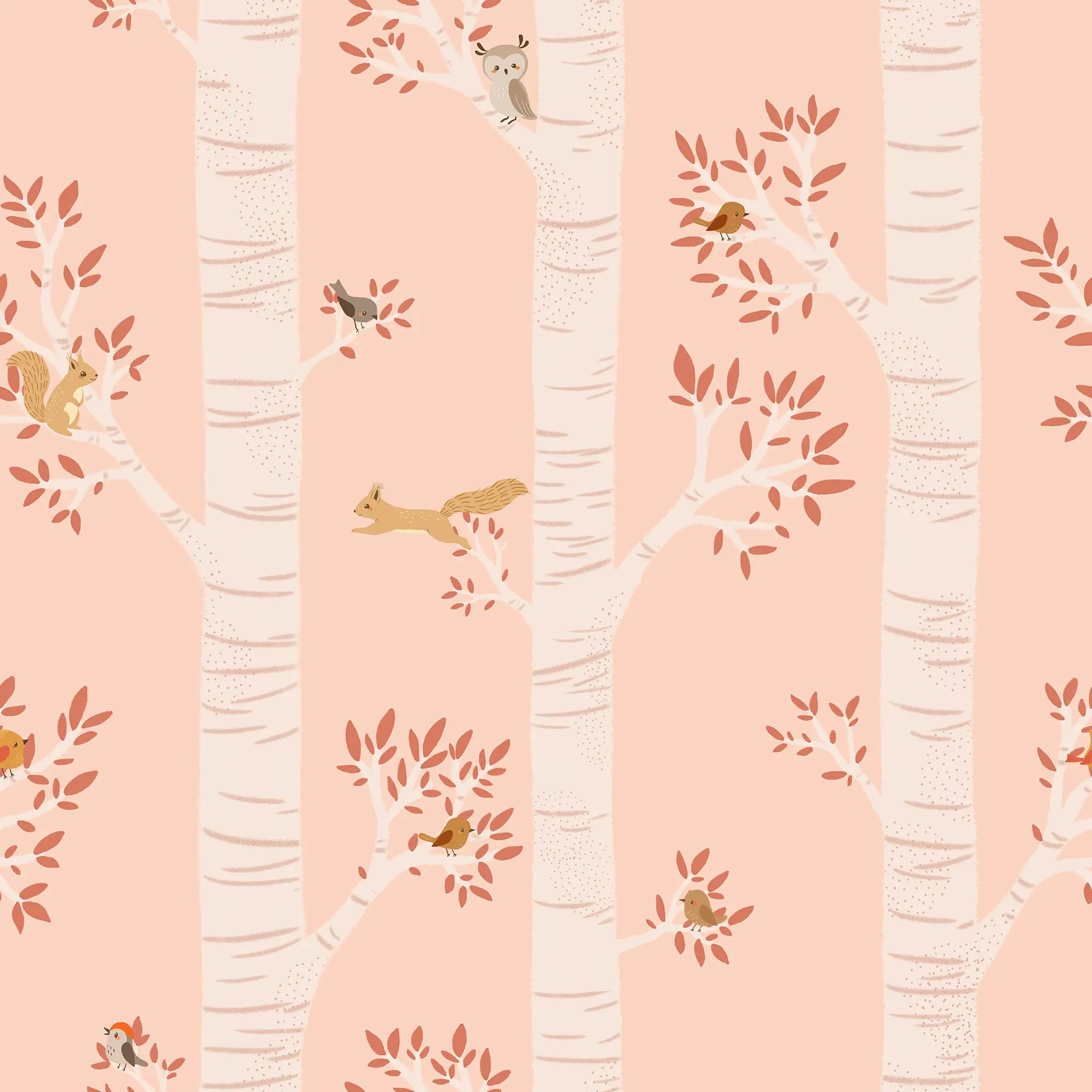 Pattern of trees, birds, and squirrels on a pink background