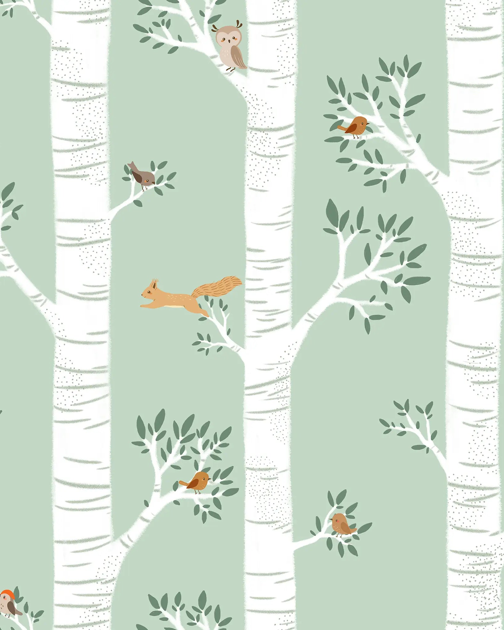 Pattern of trees and animals on a light green background
