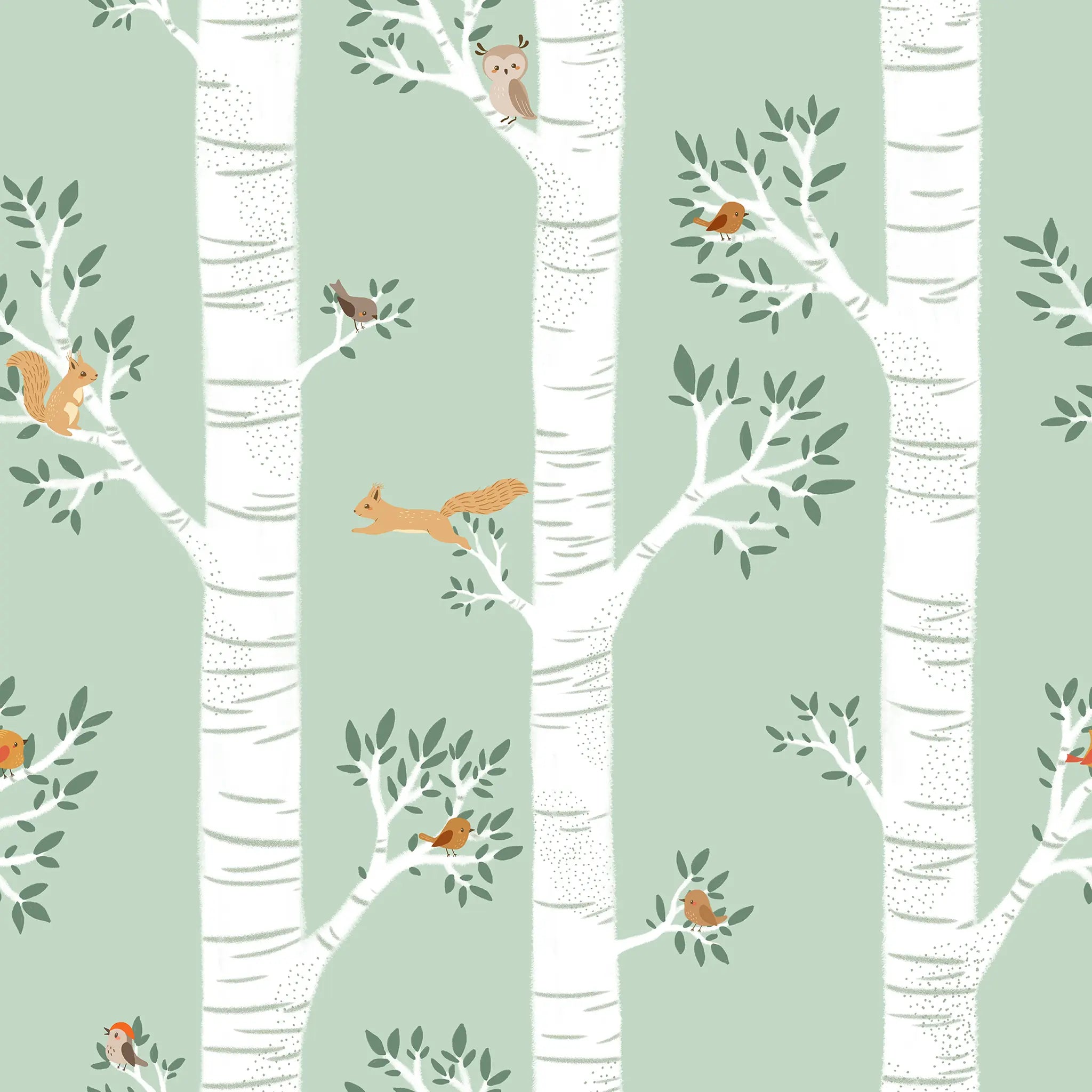 Pattern of trees and animals on a light green background