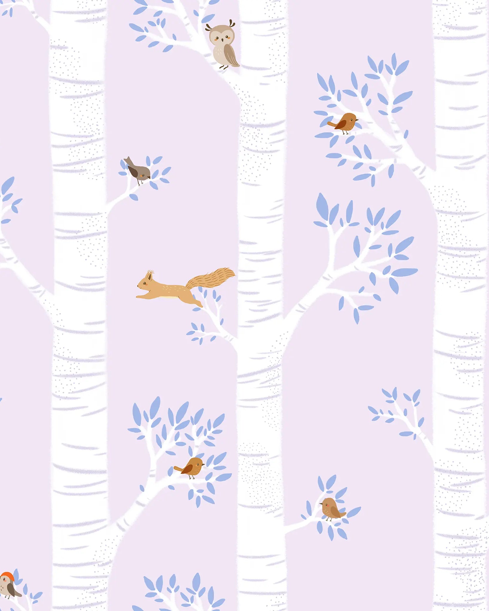 Pattern of trees and animals on a light purple background