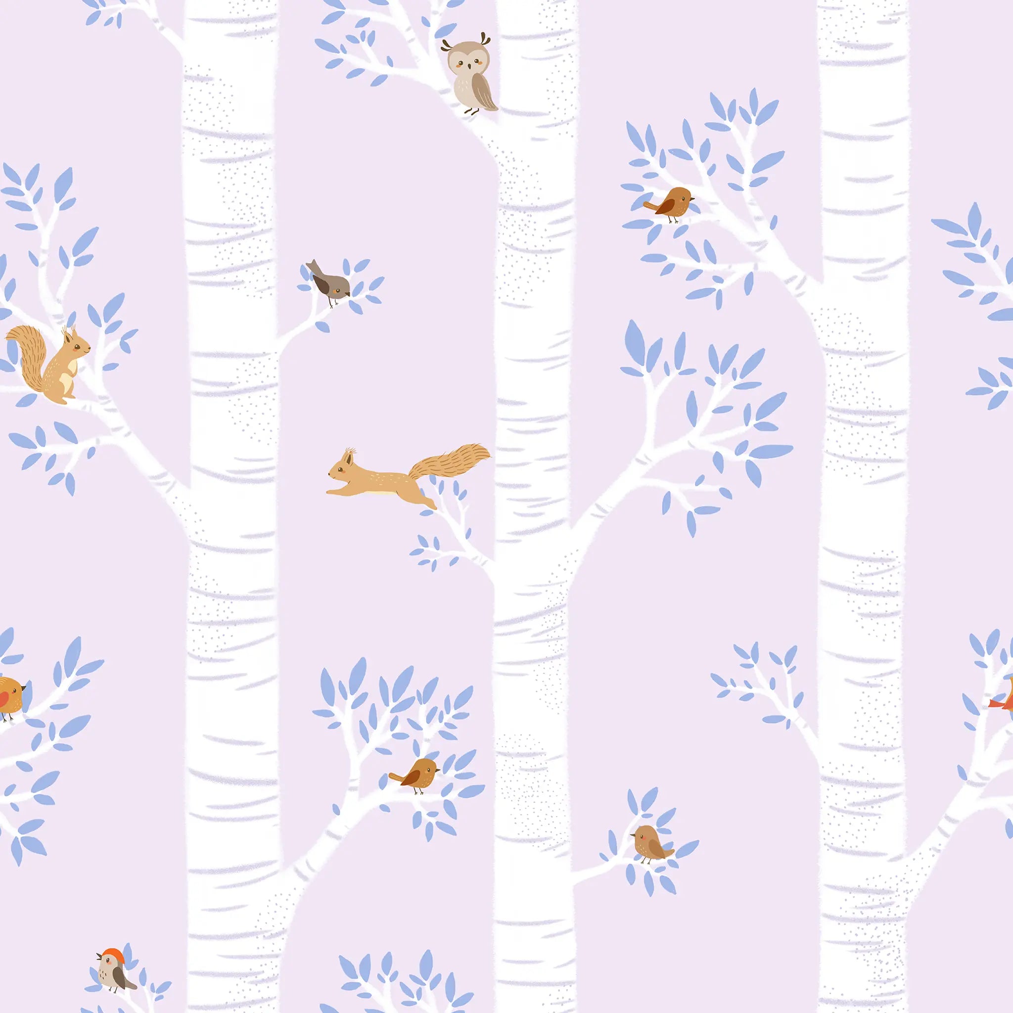 Pattern of trees and animals on a light purple background