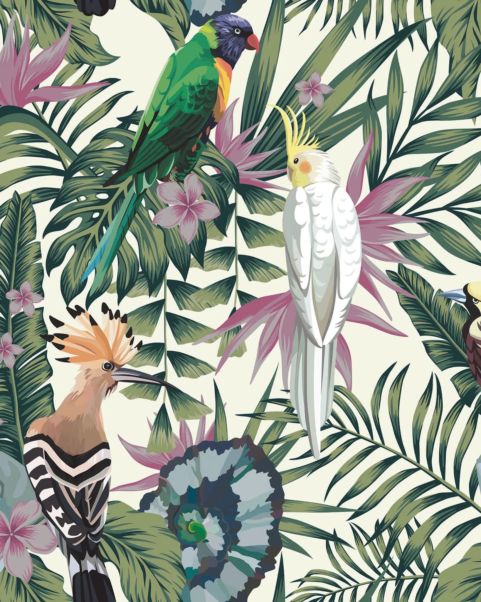 Pattern of tropical birds and leaves on a white background