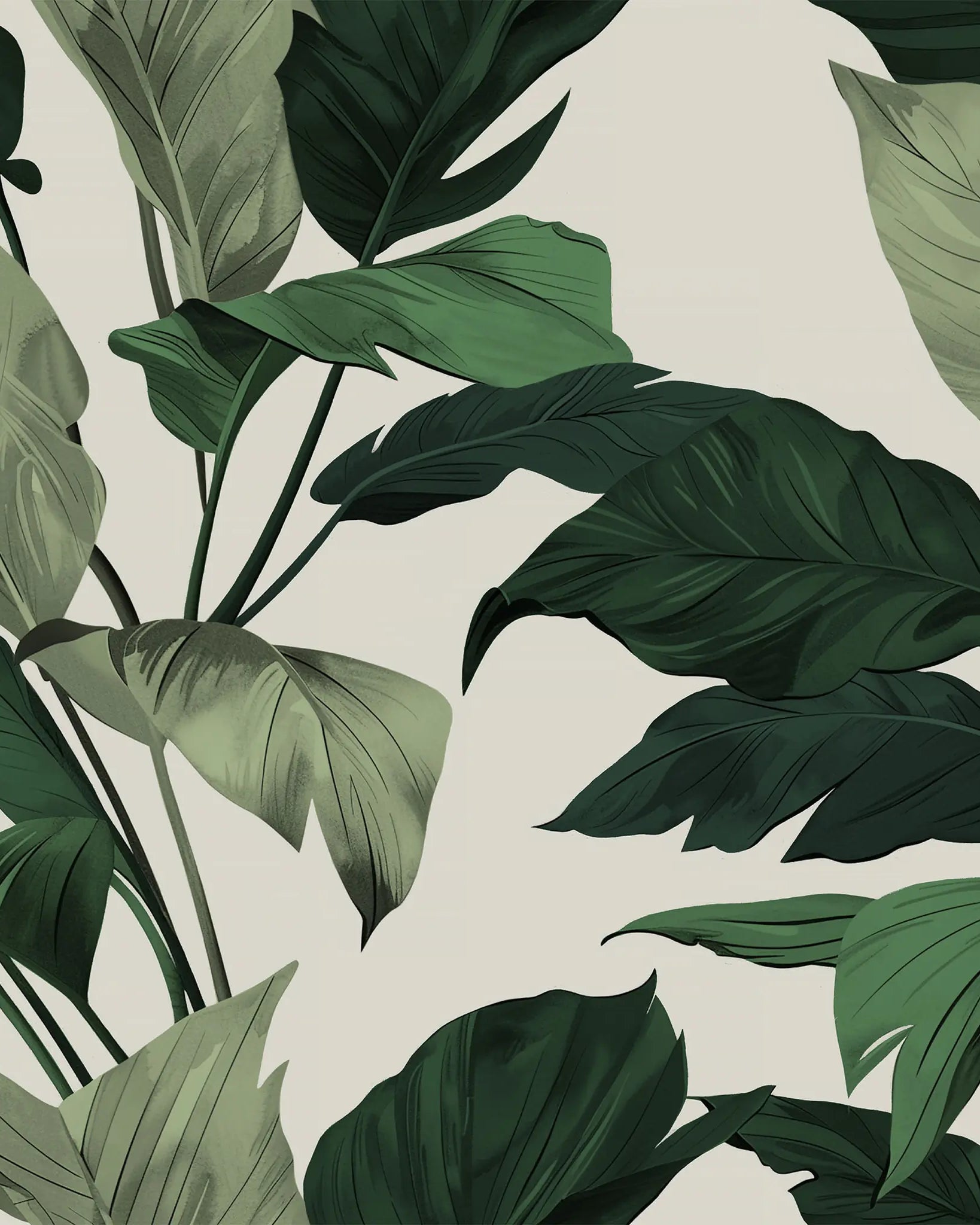 Pattern of green leaves on a light background