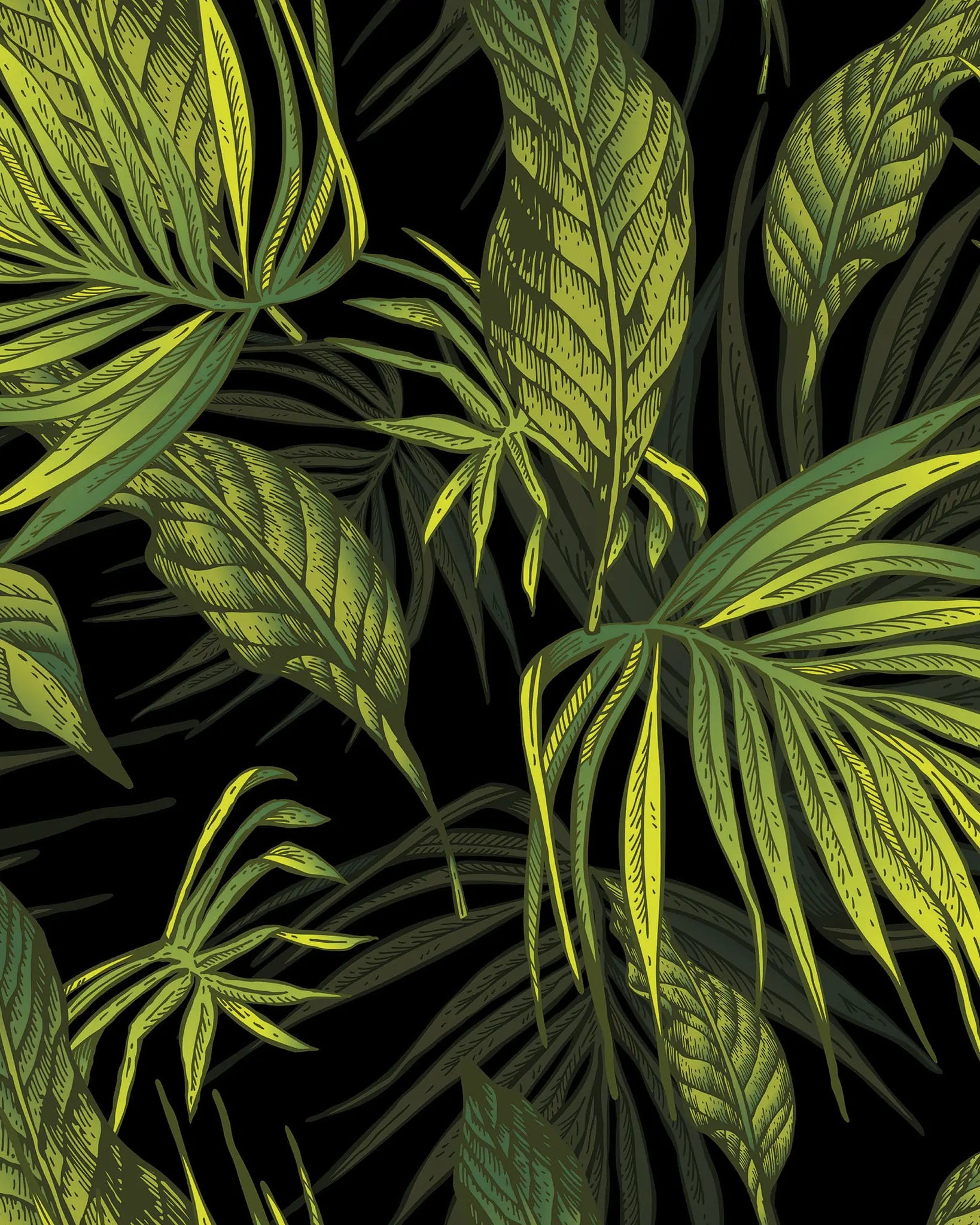 Tropical leaf pattern with green leaves on a black background