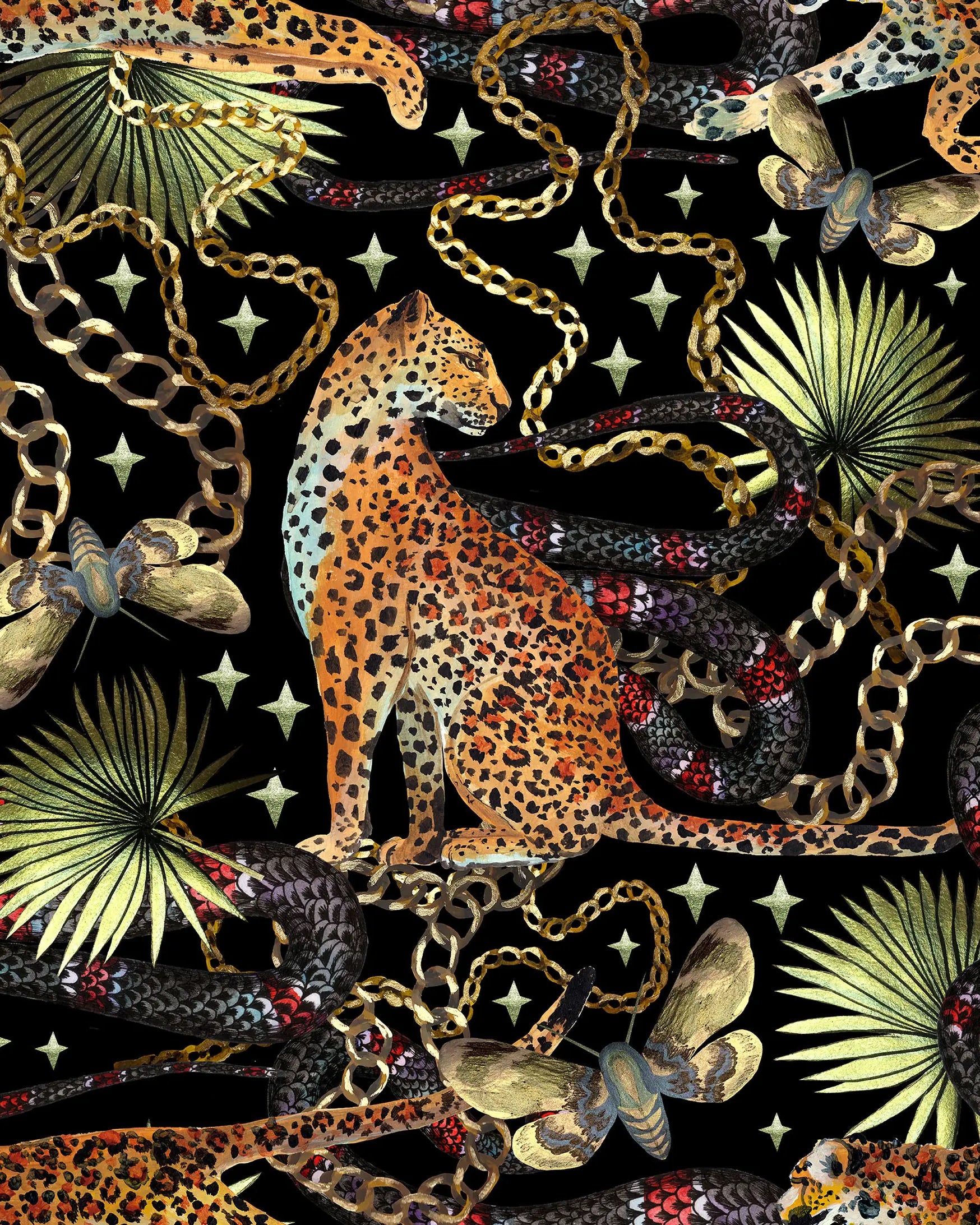 Leopard, chains, and plants on a black background