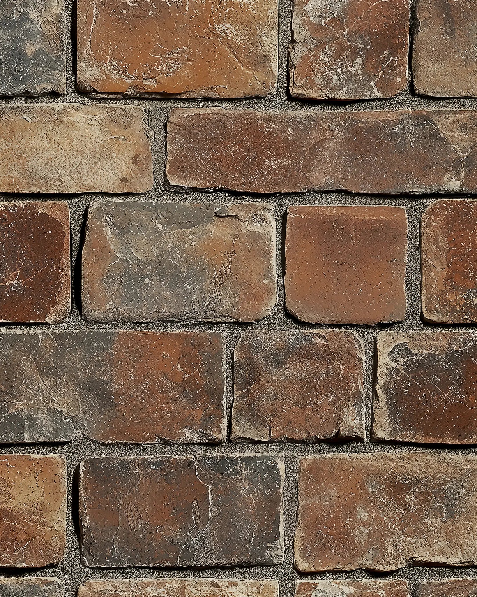 Close-up of a stone wall with brown and gray stones