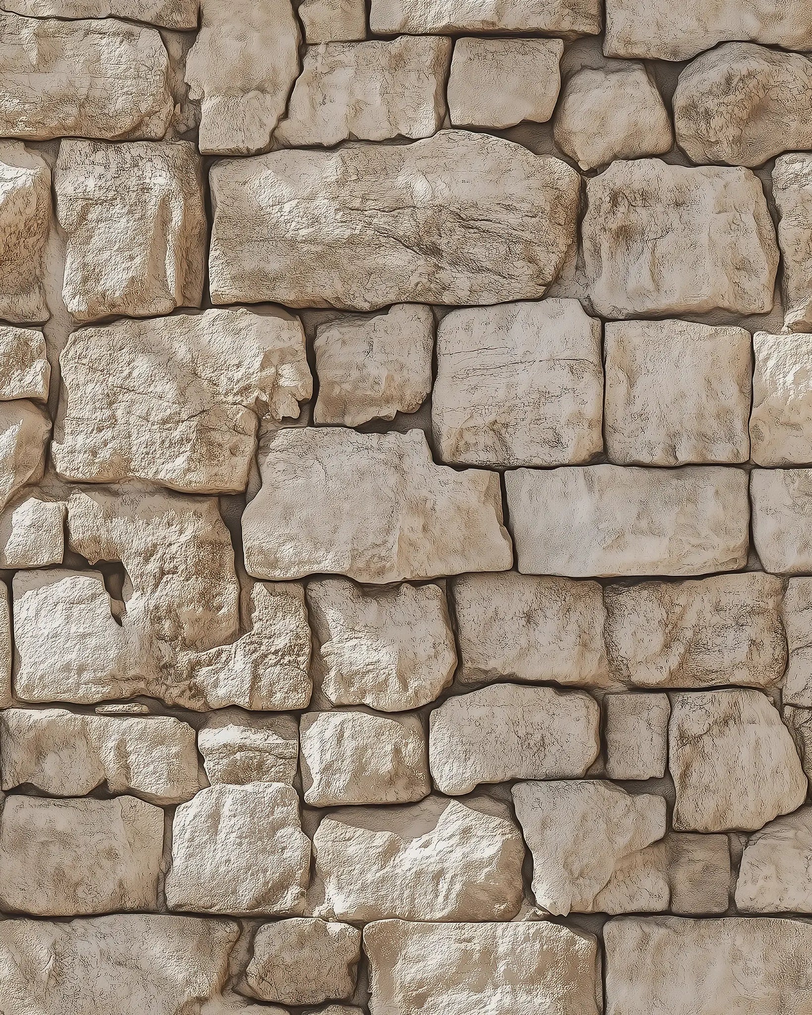 Close-up of a stone wall made of large beige stones.