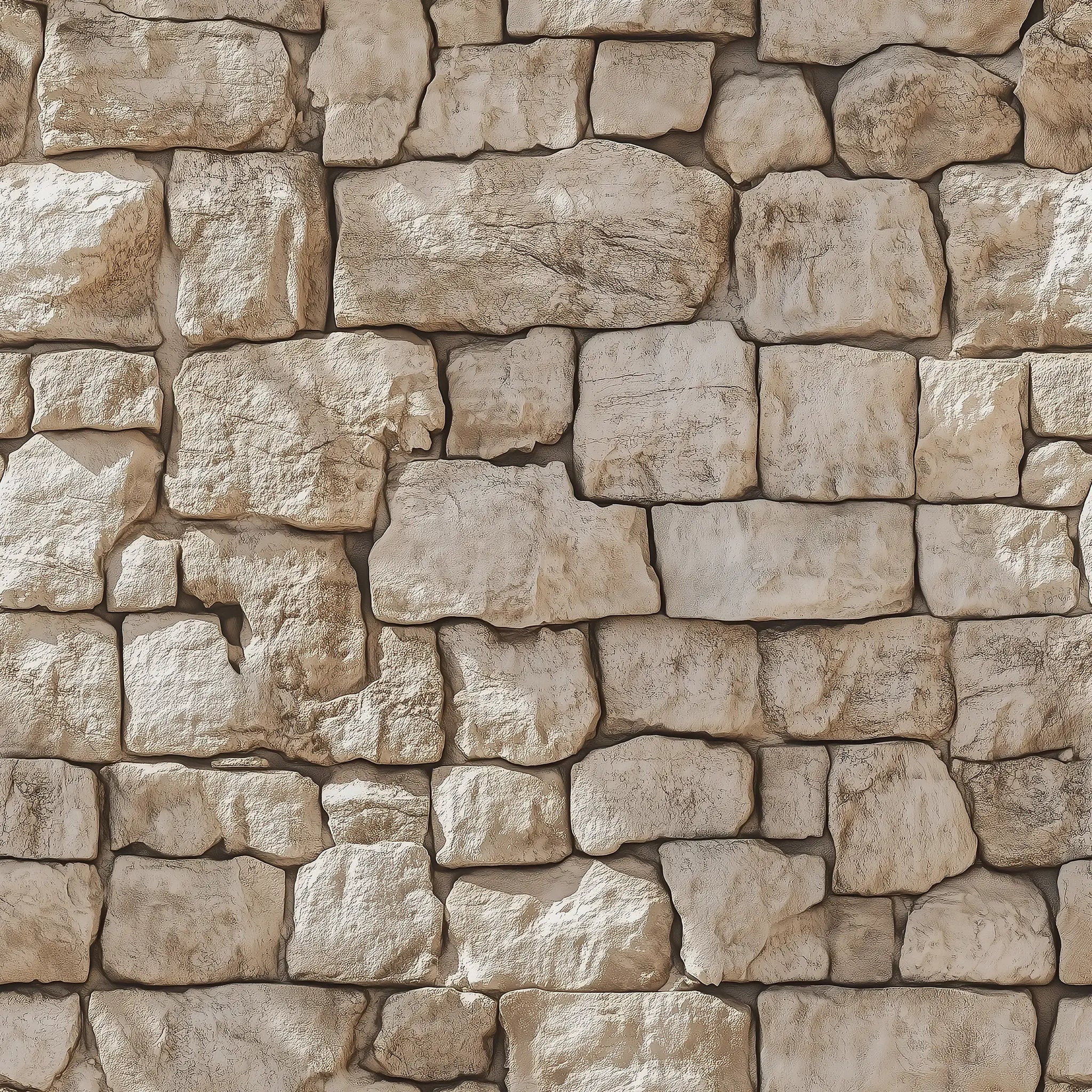 Close-up of a stone wall made of large beige stones.