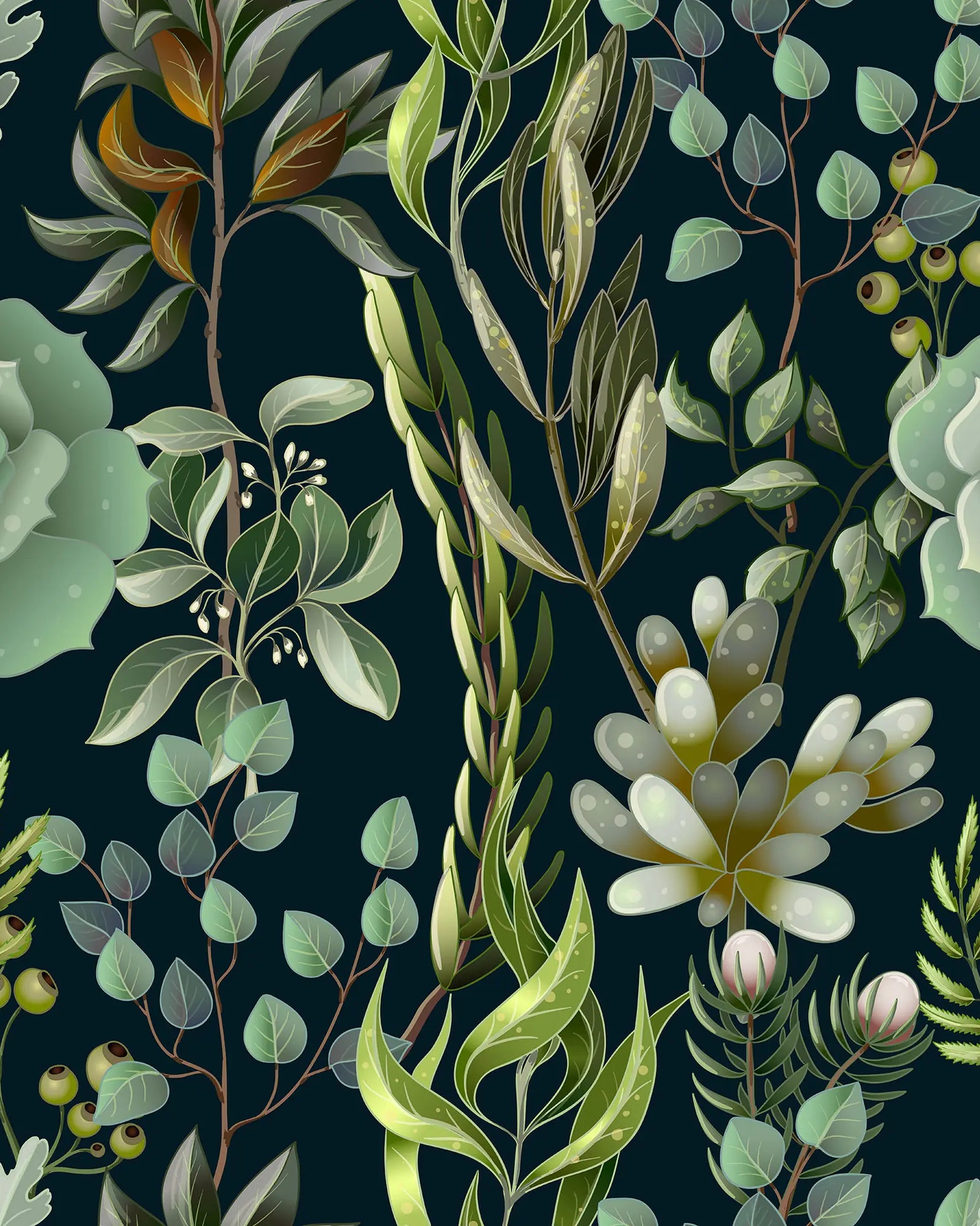 Pattern of green leaves and flowers on a dark blue background
