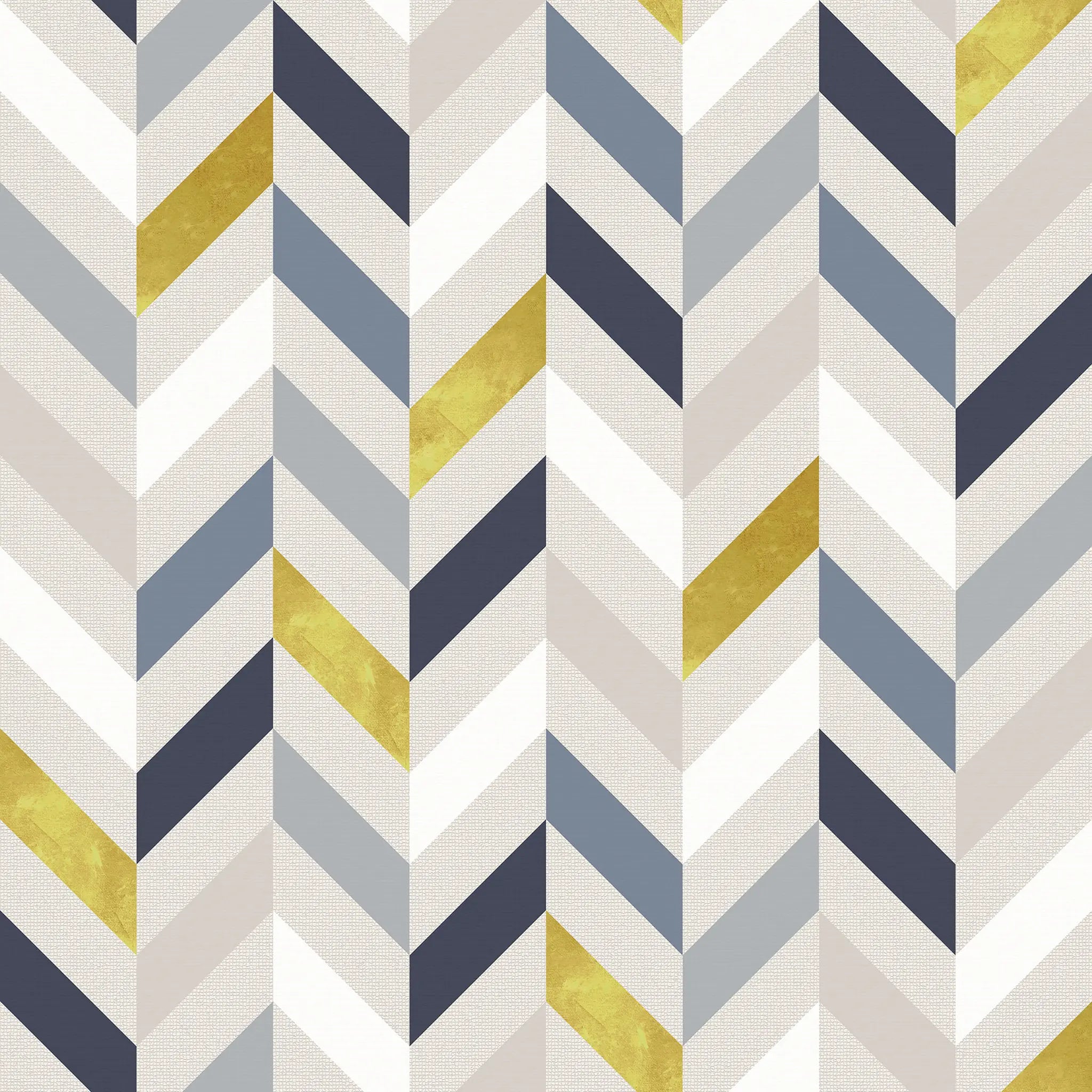 Pattern of chevron stripes in blue, yellow, and gray on a white background