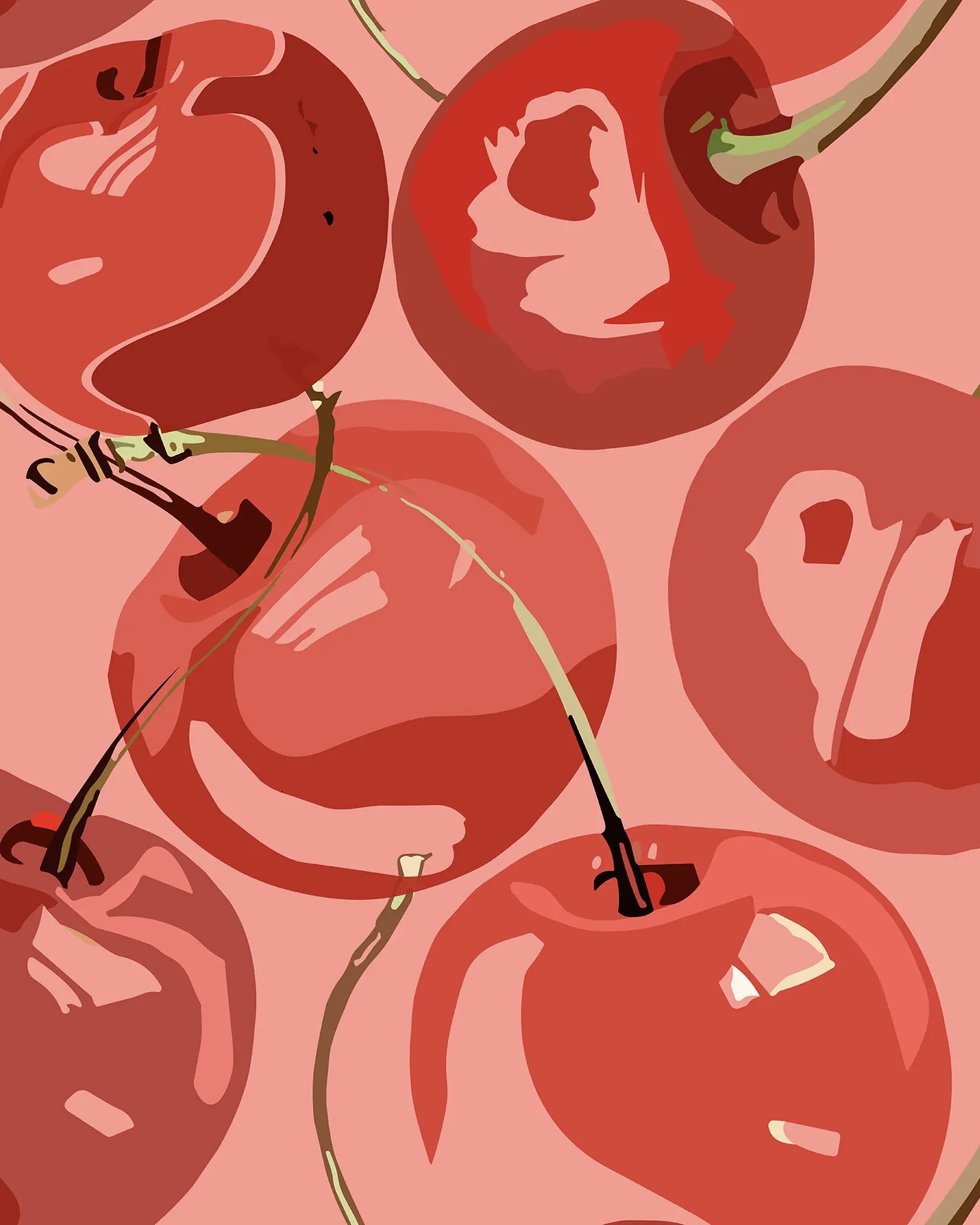 Pattern of red cherries on a pink background