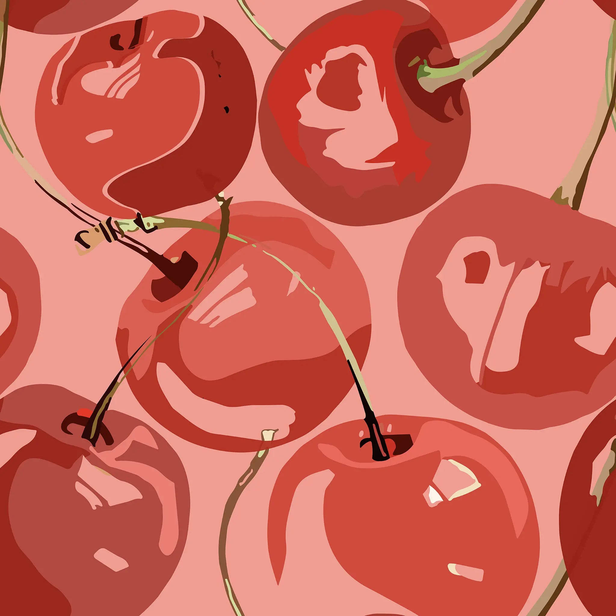 Pattern of red cherries on a pink background