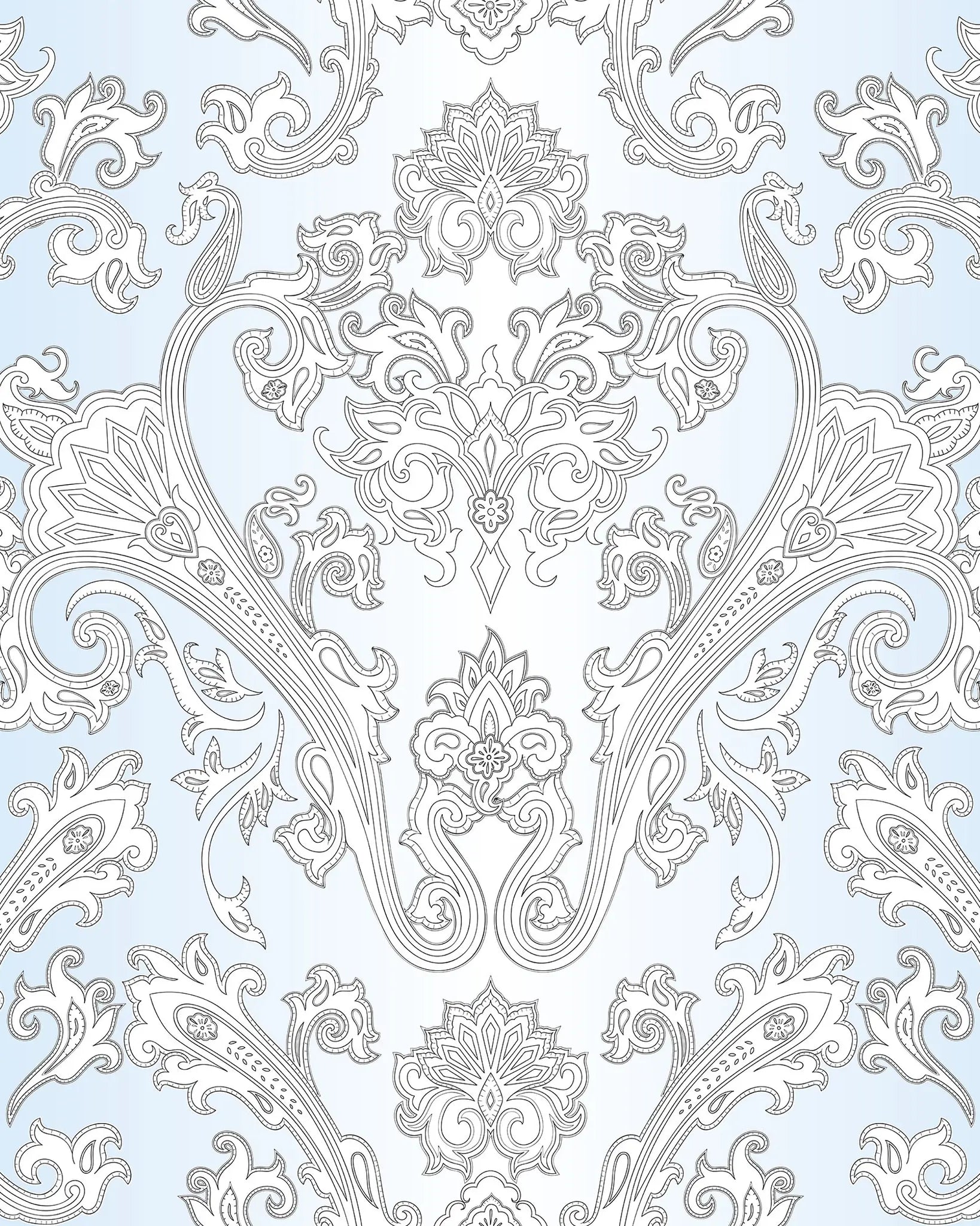 Decorative white paisley pattern on a light blue background